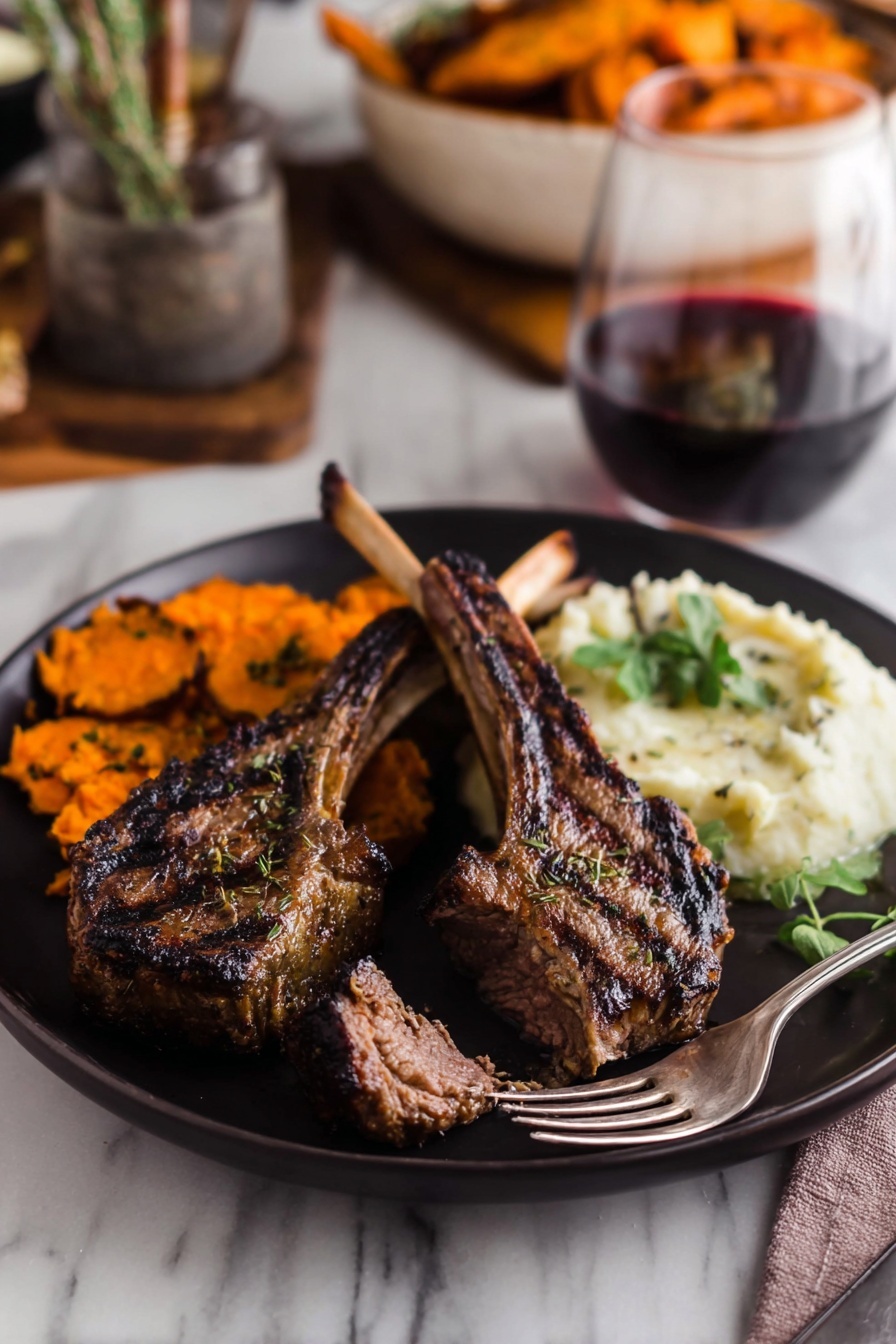 The image shows a dark round plate with three grilled lamb chops at the front, two standing with char marks and a small piece broken off on a silver fork in front. Behind the chops, there is a pile of orange roasted sweet potato slices on the left and a creamy white mash on the right. A small green garnish is on the mash with a sprig of fresh green herbs beside it on the right. In the blurred background, there is a clear glass of dark red drink and a white bowl filled with more sweet potatoes and lamb. The scene is set on a white marbled surface. photo taken with an iphone --ar 2:3 --v 7 - Broiled Lamb Chops, Lamb Chops Recipe, Easy Lamb Chops, Fast Lamb Chops, Juicy Lamb Chops