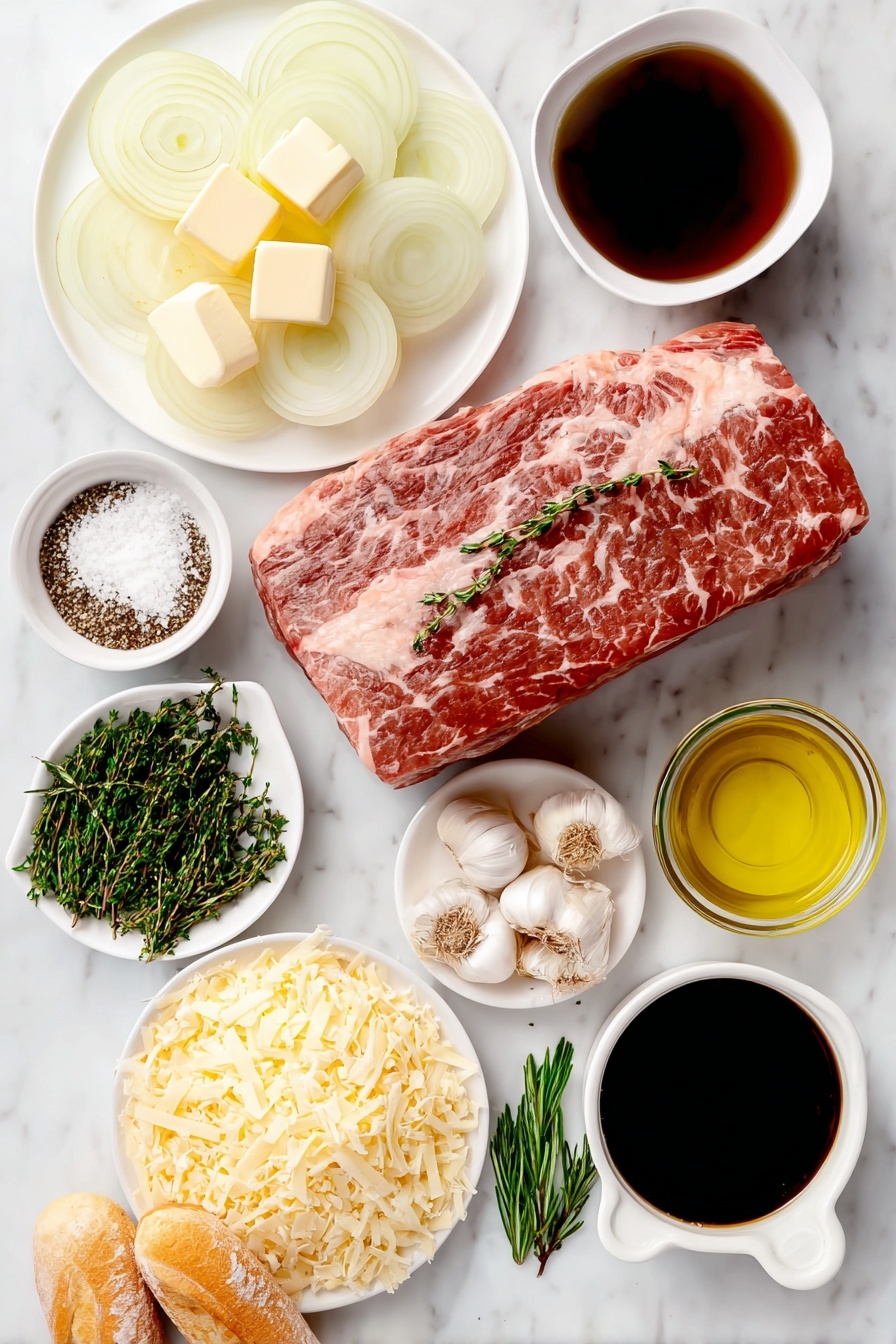 Flat lay of a whole boneless chuck roast with trimmed fat, a few pinches of kosher salt and cracks of black pepper sprinkled beside it, a small drizzle of golden olive oil in a white ceramic bowl, a few tablespoons of unsalted butter cubes on a white plate, four large yellow onions thinly sliced fanned out on a white dish, six whole fresh garlic cloves unpeeled, a small white bowl filled with pale dry white wine, a small white bowl holding fine all-purpose flour, a white ceramic bowl filled with rich dark beef broth, a small white bowl with glossy Worcestershire sauce, three fresh green bay leaves, two sprigs of fresh rosemary, four sprigs of fresh thyme, a mound of freshly shredded pale yellow gruyere cheese on a white plate, and a few sliced pieces of crusty fresh baguette arranged neatly—all ingredients fresh and natural, no packaging or labels, placed on a clean white marble surface, soft natural light, photo taken with an iPhone, professional food photography style, fresh ingredients, white ceramic bowls, no bottles, no duplicates, no utensils, no packaging --ar 2:3 --v 7 --p m7354615311229779997 - French Onion Beef Pot Roast, French Onion Soup Inspired Dinner, Hearty Beef Roast with Caramelized Onions, Slow Cooker Beef Pot Roast, Comfort Food Recipes