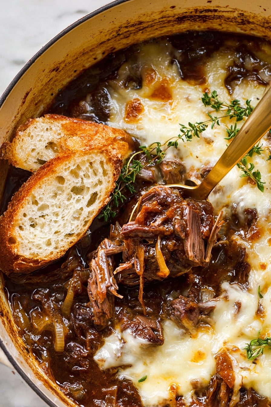 The image shows a pot filled with rich beef stew topped with melted white cheese that is unevenly spread, creating a creamy texture on the surface. The stew has visible dark brown shredded beef pieces mixed with soft caramelized onions in a thick brown sauce. Two pieces of light beige toasted bread rest on the side inside the pot. A gold spoon is inserted into the stew, lifting some shredded beef and sauce, surrounded by sprigs of fresh green thyme. The inner sides of the pot have a browned, slightly greasy texture from the stew. The pot sits on a white marbled surface. Photo taken with an iphone --ar 2:3 --v 7 - French Onion Beef Pot Roast, French Onion Soup Inspired Dinner, Hearty Beef Roast with Caramelized Onions, Slow Cooker Beef Pot Roast, Comfort Food Recipes