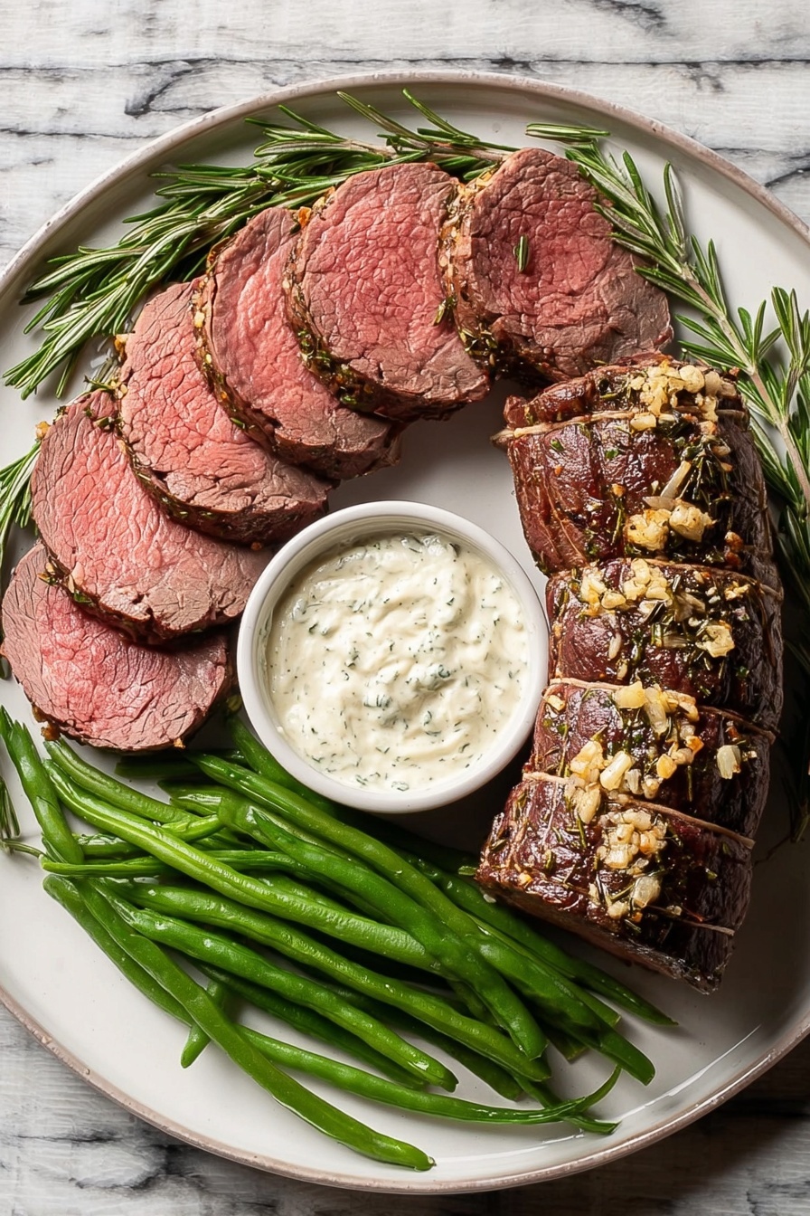 A white plate on a white marbled surface holds a dish with four visual layers: on the right, a tied roast with a dark brown crust sprinkled with garlic and herbs; next to it, a small white bowl filled with creamy white sauce with green flecks in the center; on the left side, evenly sliced pieces of pink-centered roast neatly arranged in a fan shape showing the meat texture; and below, a bunch of bright green cooked green beans placed diagonally with a slight shine. Fresh rosemary sprigs decorate the edges of the plate. photo taken with an iphone --ar 2:3 --v 7 - Perfect Roast Beef Tenderloin, roast beef tenderloin recipe, elegant beef roast, juicy beef tenderloin, easy gourmet beef dish