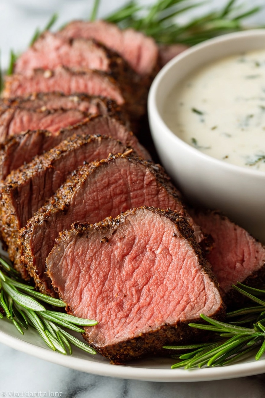 A close-up view of several thick slices of medium-rare steak arranged in layers on a white plate, each slice showing a brown, seasoned crust on the outside and a pink, tender center with some visible grain texture; there are sprigs of fresh rosemary placed around the meat, adding green color and texture. Behind the steak, there is a white bowl filled with a creamy, pale sauce that has a few small green herb bits visible in it. The entire scene is set on a white marbled surface, adding subtle texture in the background. photo taken with an iphone --ar 2:3 --v 7 - Perfect Roast Beef Tenderloin, roast beef tenderloin recipe, elegant beef roast, juicy beef tenderloin, easy gourmet beef dish