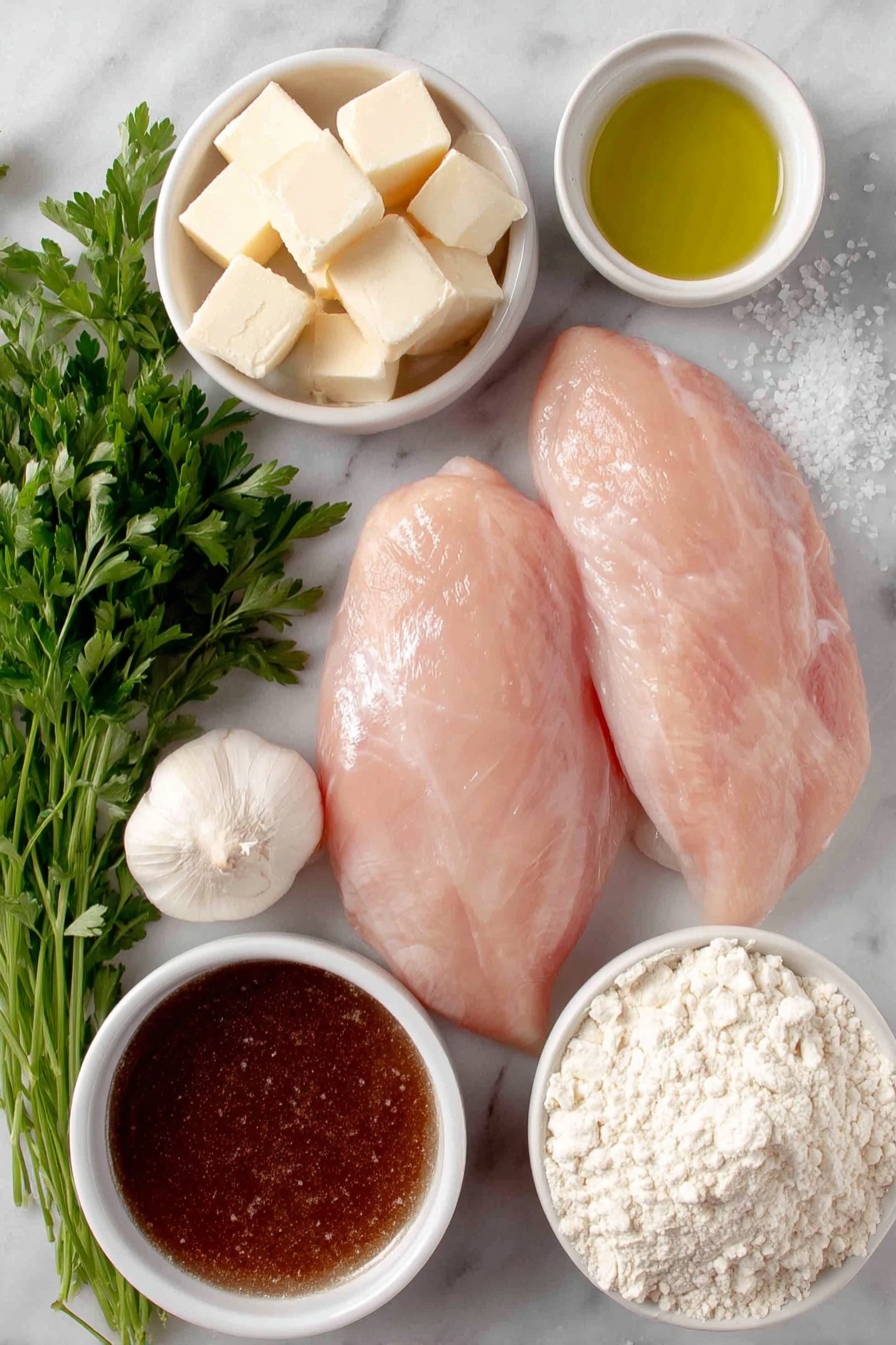Flat lay of two whole turkey tenderloins with smooth pale pink skin, a small mound of fine sea salt sprinkled beside them, a small white ceramic bowl of golden avocado oil, a small white bowl with soft yellow butter cubes, a small white bowl with fluffy white flour, two fresh whole garlic cloves alongside finely grated garlic, a bunch of vibrant green parsley sprigs, and a simple white bowl filled with rich brown beef broth, all placed in perfect symmetry on a clean white marble surface, soft natural light, photo taken with an iPhone, professional food photography style, fresh ingredients, white ceramic bowls, no bottles, no duplicates, no utensils, no packaging --ar 2:3 --v 7 --p m7354615311229779997 - Garlic Turkey Tenderloin with Easy Gravy, turkey tenderloin recipe, quick turkey dinner, flavorful turkey main dish, easy turkey gravy