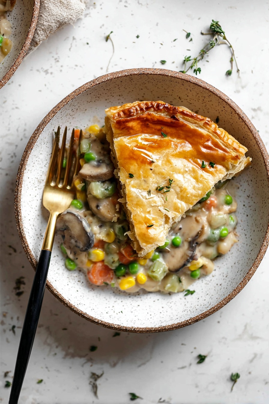 The dish shows one slice of golden brown pastry with a shiny and slightly cracked top crust, placed on top of a creamy mixture with visible layers of light green celery, orange carrot pieces, yellow corn, green peas, white beans, and brown mushrooms. The mix is thick and creamy with small bits of herbs sprinkled on top. The food is served in a white bowl with speckled details, alongside a black and gold fork resting inside the bowl on the left side. The background is a white marbled surface with scattered small green herbs. Photo taken with an iphone --ar 2:3 --v 7 - Creamy Vegetable Pot Pie, vegetable pot pie, comforting veggie pot pie, easy vegetable pot pie recipe, homemade vegetable pot pie