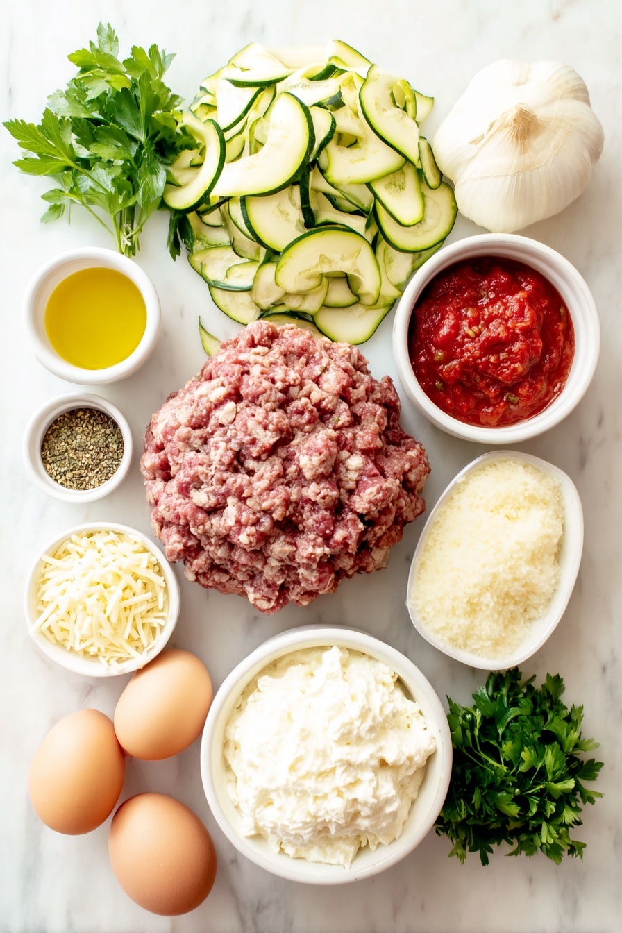 Flat lay of fresh zucchini sliced lengthwise into thin green ribbons, a small white bowl of golden olive oil, whole uncracked brown eggs, a mound of raw ground beef, a medium peeled onion chopped into small pieces, several peeled garlic cloves, a small white bowl filled with bright red crushed tomatoes, a small white bowl of smooth tomato sauce, a small white bowl of thick tomato paste, a small white bowl containing granulated sugar, dried basil and Italian seasoning arranged in small white bowls, a small white bowl with fennel seeds, a white ceramic bowl heaped with creamy ricotta cheese, a small white bowl of shredded Parmesan cheese, another simple white bowl holding shredded mozzarella cheese, and a small pile of fresh bright green parsley leaves, all placed on a clean white marble surface, soft natural light, photo taken with an iPhone, professional food photography style, fresh ingredients, white ceramic bowls, no bottles, no duplicates, no utensils, no packaging --ar 2:3 --v 7 --p m7354615311229779997 - Zucchini Lasagna with Meat Sauce, healthy zucchini lasagna, low-carb zucchini lasagna, gluten-free zucchini lasagna, easy zucchini lasagna recipe