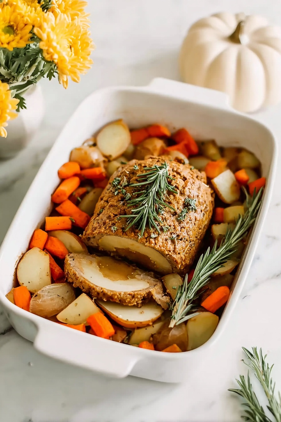 A white baking dish is filled with roasted vegetables, including chunky orange carrots, light golden potatoes, and caramelized onions, forming the base layer. On top sits a round, sliced loaf of golden brown meatloaf or plant-based roast with a slightly textured, herb-crusted exterior and a visible stuffing center. A fresh green rosemary sprig lays diagonally across the dish, adding a touch of color and texture contrast. The dish is set on a white marbled surface with a soft-focused white ceramic pumpkin-shaped lid in the background and some bright yellow flowers peeking at the top left corner. Photo taken with an iphone --ar 2:3 --v 7 - Vegan Tofurky Roast with Roasted Vegetables, plant-based holiday main dish, vegan holiday centerpiece, healthy vegan mains, festive vegan roast platter