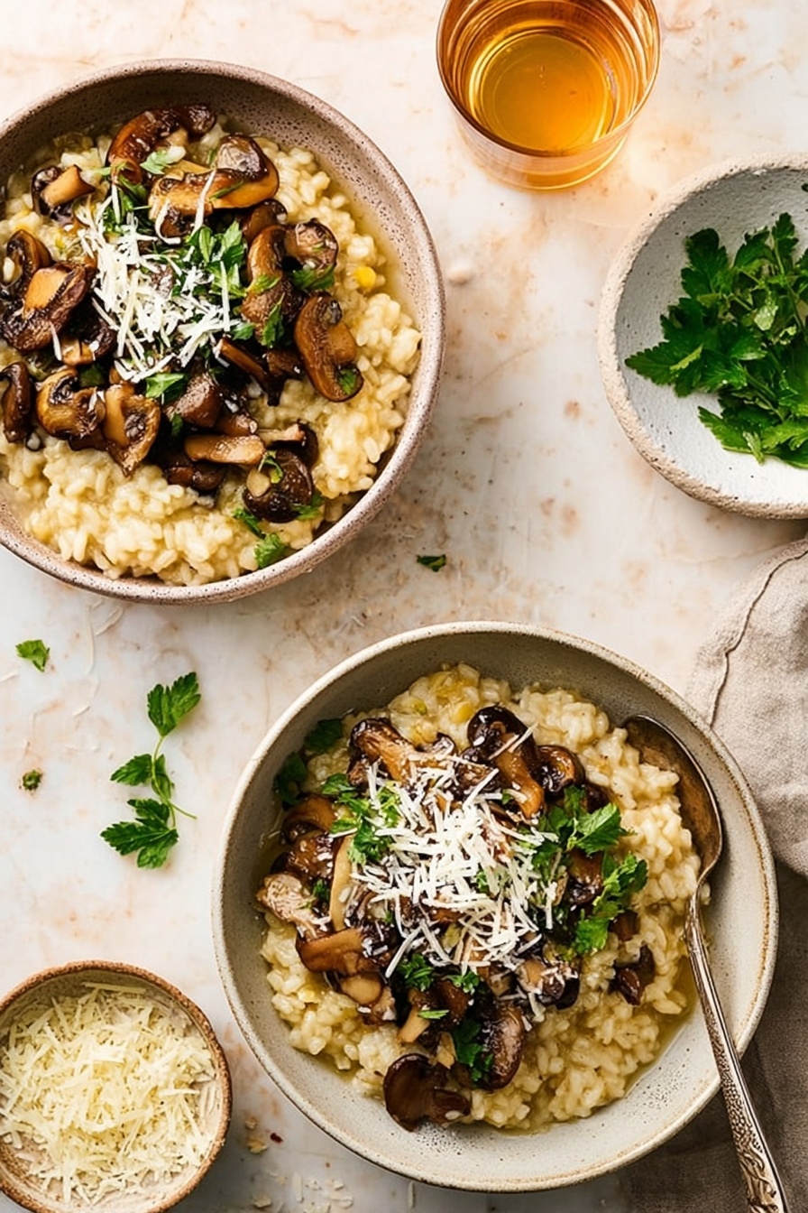 The image shows two bowls of creamy mushroom risotto placed on a white marbled surface. Each bowl has three layers: the bottom layer is soft and creamy risotto in a light golden color, the middle layer is a generous topping of different cooked mushrooms in brown and beige shades with a slightly glazed texture, and the top layer is a sprinkle of shredded white cheese with fresh green parsley leaves scattered on top. Near the bowls, extra parsley leaves and shredded cheese are scattered on the surface, with one bowl having a spoon resting inside. A glass of light amber liquid and a small white bowl with more shredded cheese and parsley are also visible in the scene. Photo taken with an iphone --ar 2:3 --v 7 - Creamy Mushroom Risotto, Best mushroom risotto, how to make mushroom risotto, easy mushroom risotto, creamy risotto recipe