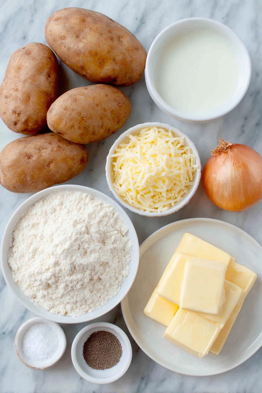 Flat lay of fresh russet potatoes whole and unpeeled, a small whole yellow onion, a few pats of natural unsalted butter on a white ceramic plate, a small white bowl of fine white flour, a small white bowl of milk, a small white bowl of shredded sharp cheddar cheese, a small white bowl of grated parmesan cheese, a small white bowl containing coarse salt, and a small white bowl with cracked black peppercorns placed on a clean white marble surface, soft natural light, photo taken with an iPhone, professional food photography style, fresh ingredients, white ceramic bowls, no bottles, no duplicates, no utensils, no packaging --ar 2:3 --v 7 --p m7354615311229779997 - Old-Fashioned Cheesy Scalloped Potatoes, cheesy scalloped potato casserole, baked scalloped potatoes, creamy cheesy potato side dish, comfort food potatoes