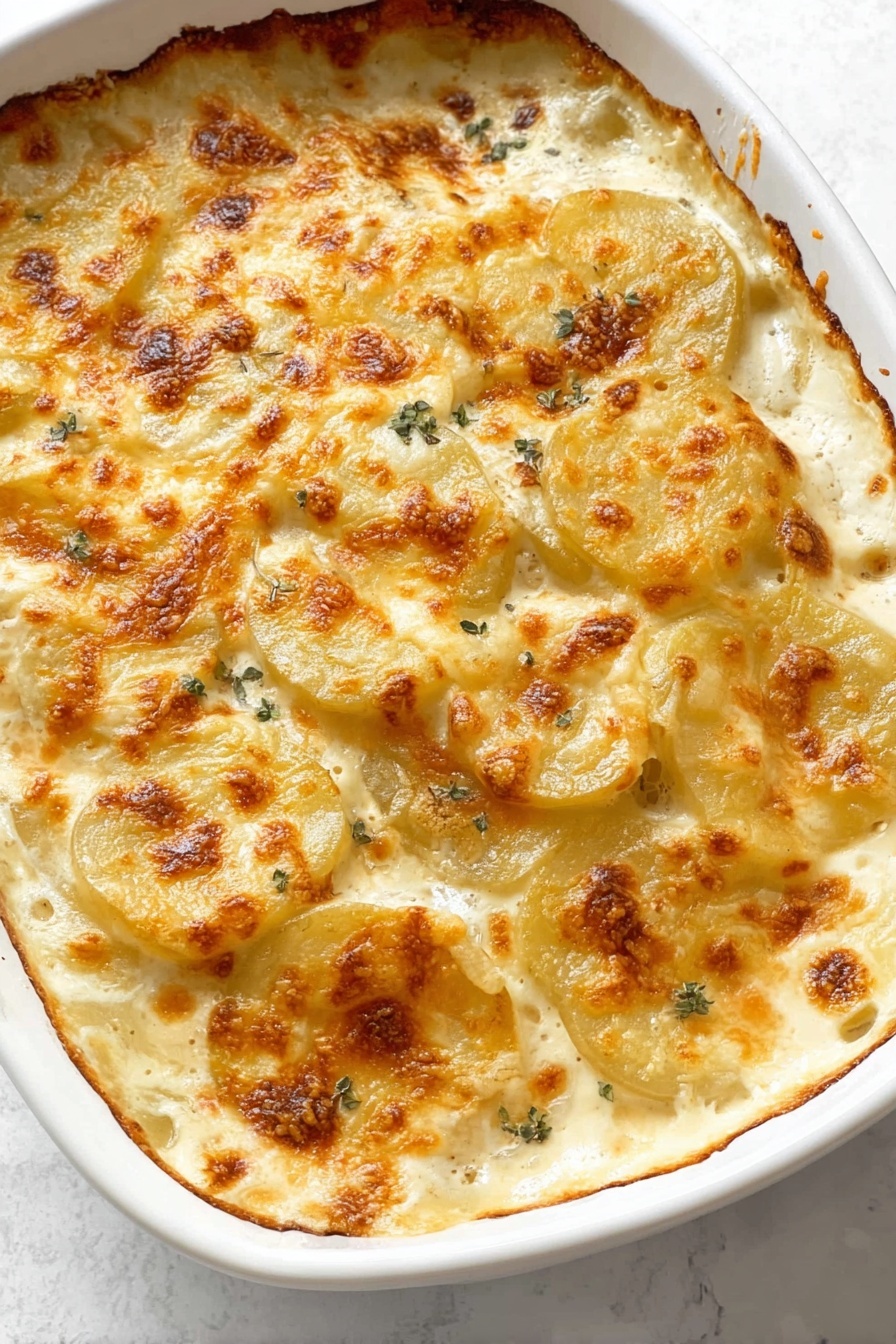 The dish shows a white baking dish filled with a layered potato casserole. The top layer is golden brown melted cheese with some browned spots, covering thin potato slices underneath that are off-white and smooth. The potatoes and cheese blend with a creamy sauce that bubbles up around edges and parts of the cheese. The surface beneath the baking dish is a white marbled texture. photo taken with an iphone --ar 2:3 --v 7 - Old-Fashioned Cheesy Scalloped Potatoes, cheesy scalloped potato casserole, baked scalloped potatoes, creamy cheesy potato side dish, comfort food potatoes