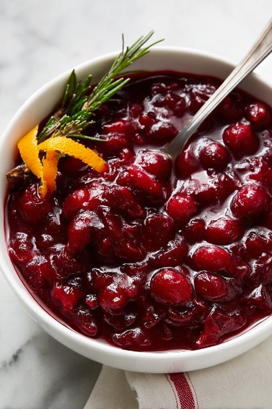 A white bowl filled with thick, glossy, dark red cranberry sauce with whole cranberries visible throughout. On the left side of the bowl, there is a small garnish with a fresh green rosemary sprig and an orange peel twist. A silver spoon rests inside the bowl, slightly digging into the sauce. The bowl is on a white marbled surface with a white cloth that has red stripes peeking in from the lower right corner. Photo taken with an iphone --ar 2:3 --v 7 - Homemade Cranberry Orange Sauce, easy holiday cranberry sauce, fresh cranberry sauce recipe, festive orange cranberry sauce, quick homemade cranberry sauce