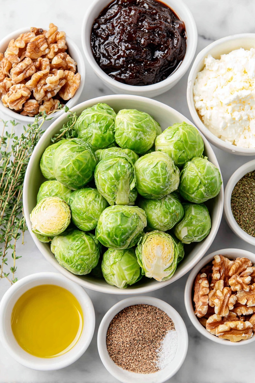 Flat lay of small to medium halved Brussels sprouts, toasted walnut halves, a small white bowl of extra-virgin olive oil, a small white bowl of pomegranate molasses, a small white bowl of labneh, a small white bowl of crumbled Shanklish cheese, fresh thyme sprigs with some chopped leaves visible, a small white bowl of za’atar spice, a small white bowl of Aleppo pepper, and a small white bowl of kosher salt, all arranged with perfect symmetry on a clean white marble surface, soft natural light, photo taken with an iPhone, professional food photography style, fresh ingredients, white ceramic bowls, no bottles, no duplicates, no utensils, no packaging --ar 2:3 --v 7 --p m7354615311229779997 - Roasted Brussels Sprouts with Walnuts and Pomegranate, Brussels Sprouts side dish, healthy roasted Brussels sprouts, holiday Brussels sprouts recipe, easy vegetable side
