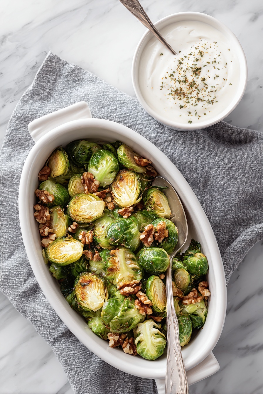 A white oval dish filled with two layers of roasted Brussels sprouts that are deep green with golden brown edges, topped with scattered light brown walnut halves. A silver spoon rests inside the dish, partially submerged in the vegetables. The dish sits on a gray cloth napkin with a white marbled background. To the right, there is a small white bowl filled with white creamy sauce topped with a sprinkling of brown herbs, with a white spoon inside. Photo taken with an iphone --ar 2:3 --v 7 - Roasted Brussels Sprouts with Walnuts and Pomegranate, Brussels Sprouts side dish, healthy roasted Brussels sprouts, holiday Brussels sprouts recipe, easy vegetable side