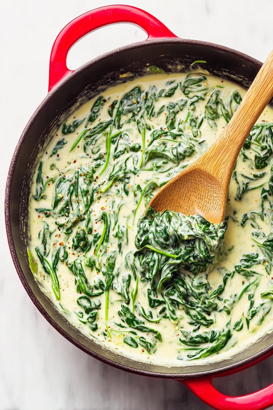 A red pan filled with creamy spinach sauce shows large dark green spinach leaves mixed in smooth, light yellow cream sauce with small specks of herbs and spices. A wooden spoon with a light brown texture is resting inside the pan on the right side, partly covered in the sauce, lifting some spinach and cream. The scene is placed on a white marbled surface. photo taken with an iphone --ar 2:3 --v 7 - Creamed Spinach, Easy Creamed Spinach, Quick spinach side dish, Creamy spinach recipe, Healthy spinach side