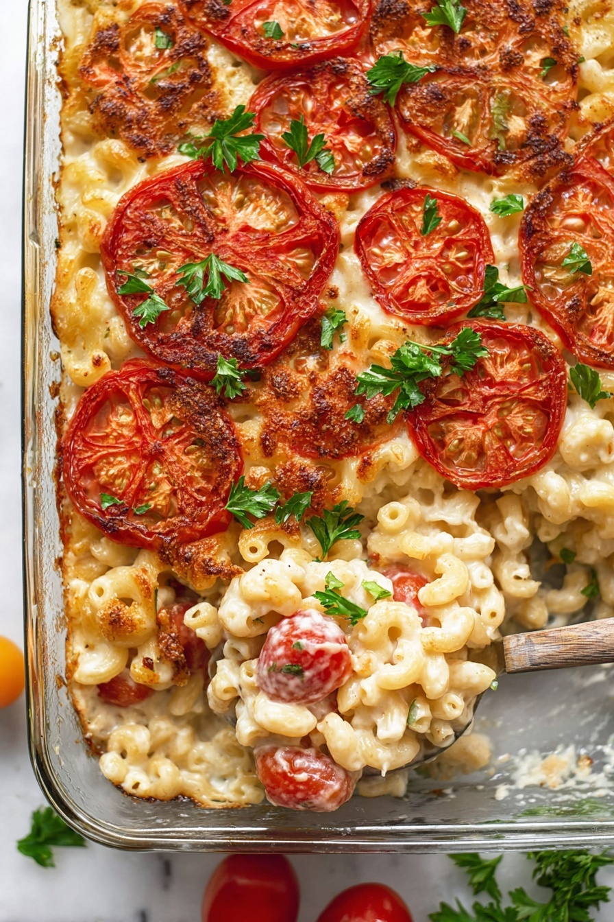 A glass baking dish filled with baked macaroni and cheese, showing small elbow pasta coated in creamy melted cheese as the base layer. On top, there are large, round slices of red tomatoes, some soft and slightly browned around the edges, creating a colorful layer of deep red and orange hues. Sprigs of fresh green parsley are scattered on the tomato slices as a garnish. A spoon is scooping out a portion from the dish, lifting some pasta mixed with tomato pieces, revealing the creamy texture beneath. The dish is set on a white marbled surface with some loose parsley and cherry tomatoes nearby. Photo taken with an iphone --ar 2:3 --v 7 - Baked Tomato Mac and Cheese, baked tomato mac and cheese, cheesy baked pasta with tomatoes, easy baked mac and cheese, roasted tomato pasta dish