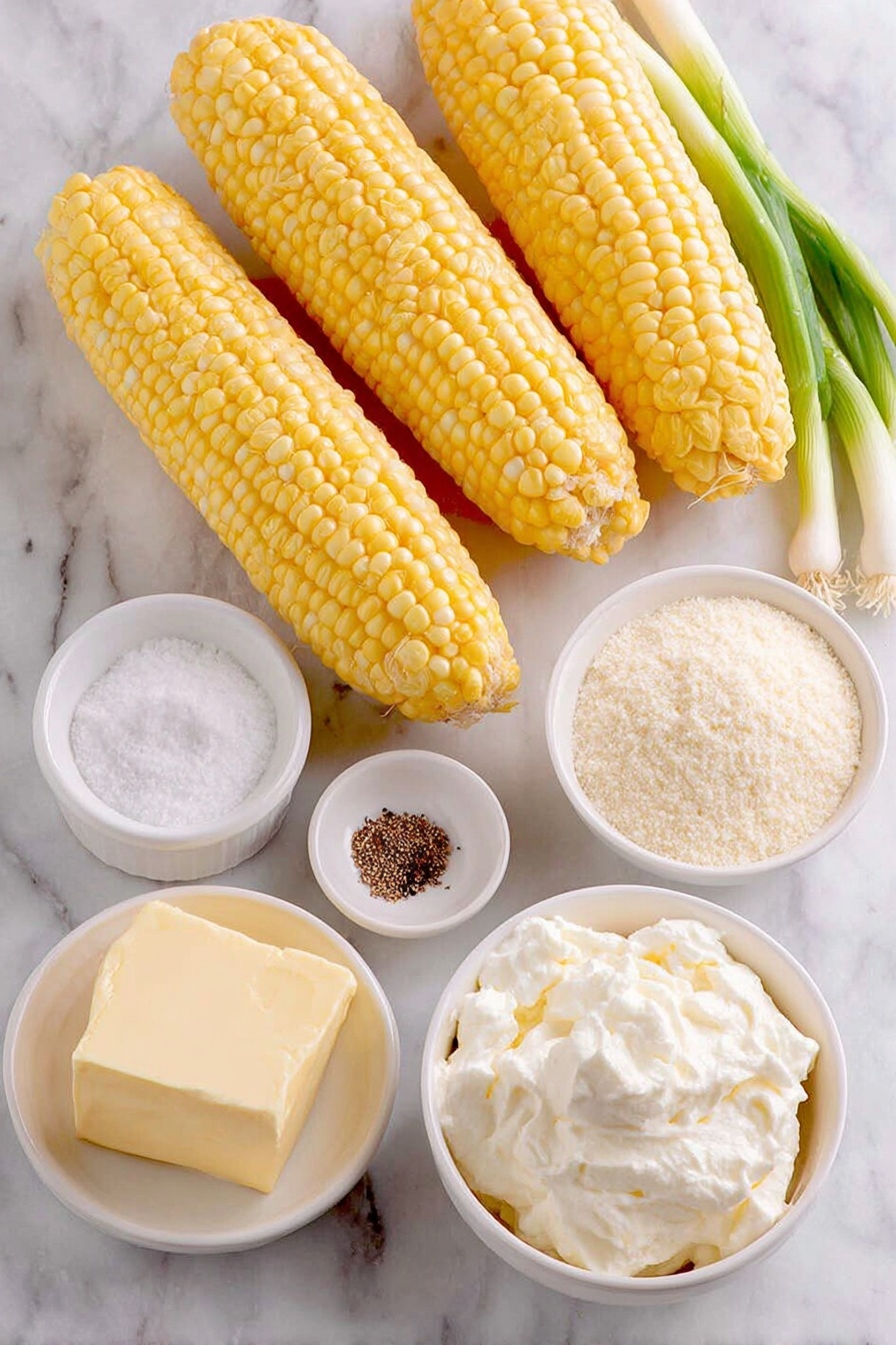 Flat lay of fresh shucked ears of corn with bright yellow kernels, a small white bowl of whole milk, a small white bowl of kosher salt, a small white bowl of granulated sugar, a small white bowl of black pepper, a simple white ceramic bowl of coarse stone-ground grits, a chunk of room-temperature cream cheese, a few fresh scallions with bright green tops and white bases, a pat of soft unsalted butter, and a small white bowl of heavy whipping cream placed on a clean white marble surface, soft natural light, photo taken with an iPhone, professional food photography style, fresh ingredients, white ceramic bowls, no bottles, no duplicates, no utensils, no packaging --ar 2:3 --v 7 --p m7354615311229779997 - Creamed Corn Grits, creamed corn side dish, cheesy corn grits, southern grits recipes, easy creamed corn recipe