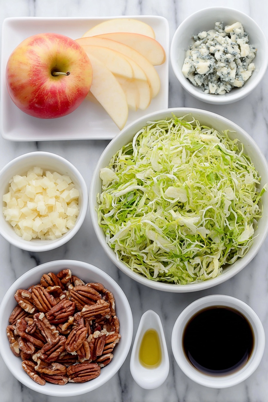 Flat lay of thinly shredded fresh green Brussels sprouts in a simple white ceramic bowl, a small honey crisp apple diced into matchsticks with bright red and yellow skin on a white plate, roughly chopped pecans scattered on a white dish, crumbled blue cheese in a small white bowl, minced shallots in a tiny white bowl, extra virgin olive oil in a small white bowl, Dijon mustard in a small white bowl, balsamic vinegar in a small white bowl, all arranged symmetrically with perfect balance, placed on a clean white marble surface, soft natural light, photo taken with an iPhone, professional food photography style, fresh ingredients, white ceramic bowls, no bottles, no duplicates, no utensils, no packaging --ar 2:3 --v 7 --p m7354615311229779997 - Fall Brussels Sprouts Salad with Apples and Blue Cheese, autumn salad with Brussels sprouts and apples, healthy Brussels sprouts salad, easy fall side dish, seasonal apple and blue cheese salad
