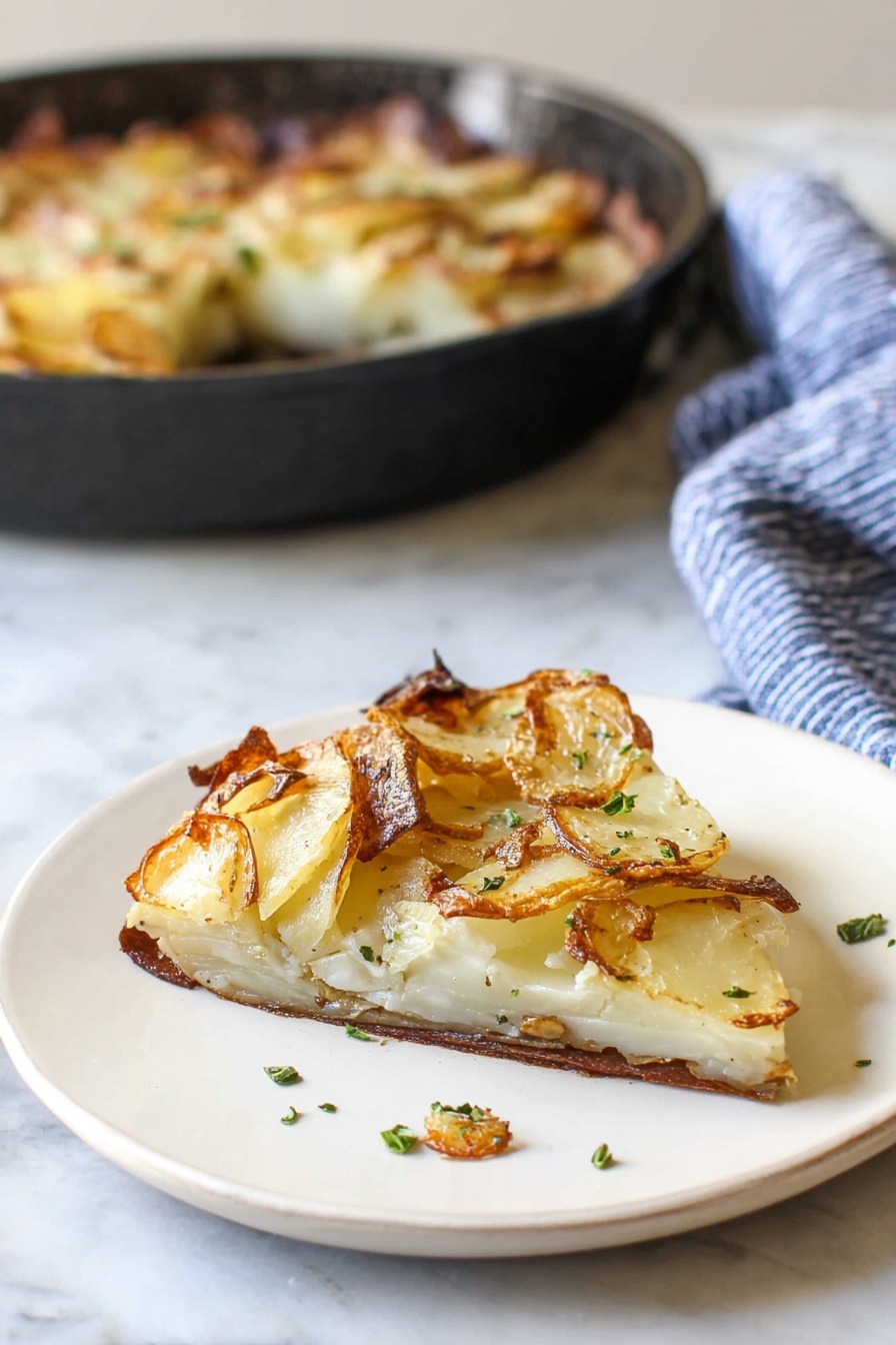 The image shows a slice of potato dish on a white plate, placed on a white marbled surface. The dish has three visible layers: a thin, crispy brown bottom crust; a middle layer of soft, white potatoes; and a top layer of slightly curled, golden-brown potato slices with some browned edges. Small green herb pieces are scattered on top and around the slice. In the background, there is a black cast-iron pan with the remaining potato dish visible, and a blue-striped cloth is draped on the right side. Photo taken with an iphone --ar 2:3 --v 7 - Garlic Herb Potatoes Galette, savory potato galette, crispy potato sides, herb potato bake, rustic potato dish