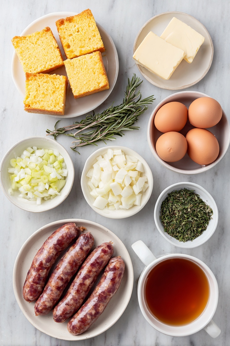 Flat lay of cubed day-old cornbread in a simple white ceramic bowl, cubed country white bread in a similar white bowl, fresh sweet Italian sausage links arranged raw and whole, a few small pats of unsalted butter stacked neatly on a white ceramic plate, diced celery in a small white bowl, diced yellow onion in another white bowl, fresh sage sprigs, fresh thyme sprigs, fresh rosemary sprigs, a small pile of chopped flat-leaf parsley, quartered peeled roasted chestnuts on a white plate, a small white bowl filled with amber apple cider, a small white bowl of low sodium chicken stock, two whole uncracked large brown eggs on a white ceramic dish, all ingredients arranged symmetrically and balanced, placed on a clean white marble surface, soft natural light, photo taken with an iPhone, professional food photography style, fresh ingredients, white ceramic bowls, no bottles, no duplicates, no utensils, no packaging --ar 2:3 --v 7 --p m7354615311229779997 - Sausage and Chestnut Stuffing, holiday stuffing recipe, savory sausage stuffing, roasted chestnut stuffing, festive stuffing side dish