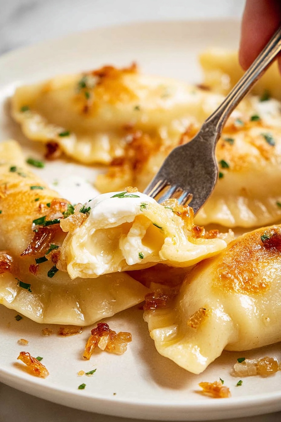 A close-up shot shows several golden brown pierogi with a soft, slightly crispy dough texture on a white plate. One pierogi is being pierced by a metal fork held by a woman's hand, revealing a creamy, pale yellow potato filling inside. The pierogi are lightly topped with small bits of golden fried onions and sprinkled with green herbs. There is a bit of white sour cream on top of the pierced pierogi, adding a creamy contrast. The white plate sits on a white marbled surface with small droplets and bits of fried onions around. photo taken with an iphone --ar 2:3 --v 7 - Cheesy Potato Pierogi Ruskies, Polish pierogi with cheese and potatoes, homemade pierogi recipes, traditional Polish dumplings, cheesy pierogi filling