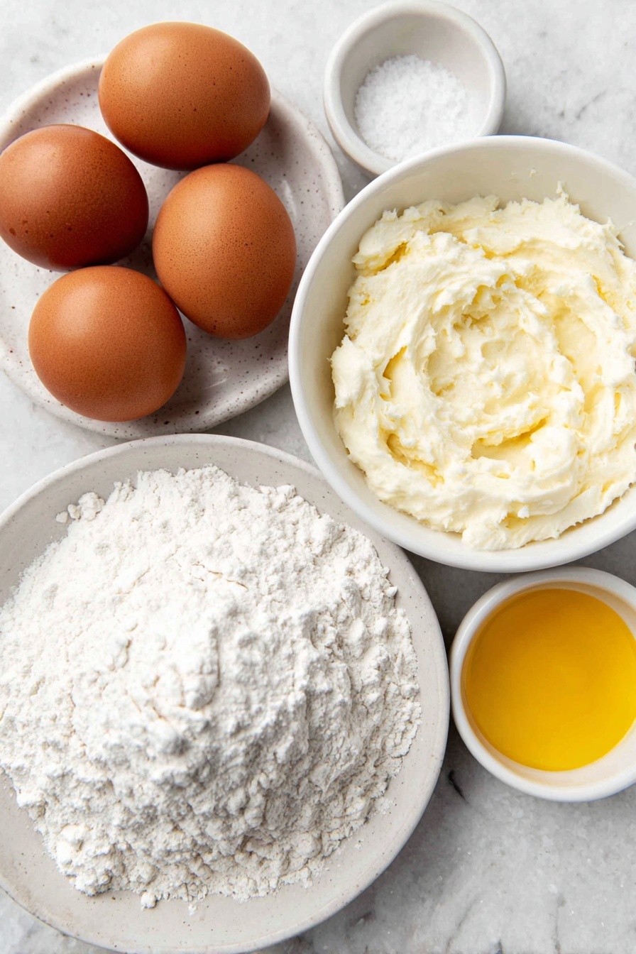 Flat lay of three whole uncracked brown eggs, a small mound of fine white bread flour on a simple white ceramic plate, a small white bowl filled with creamy room-temperature milk, a small white bowl with melted golden butter, and a small white bowl containing coarse kosher salt crystals, all arranged symmetrically and balanced on a clean white marble surface, soft natural light, photo taken with an iPhone, professional food photography style, fresh ingredients, white ceramic bowls, no bottles, no duplicates, no utensils, no packaging --ar 2:3 --v 7 --p m7354615311229779997 - Lofting Popovers, airy popovers, fluffy popover recipe, easy popovers, breakfast popovers