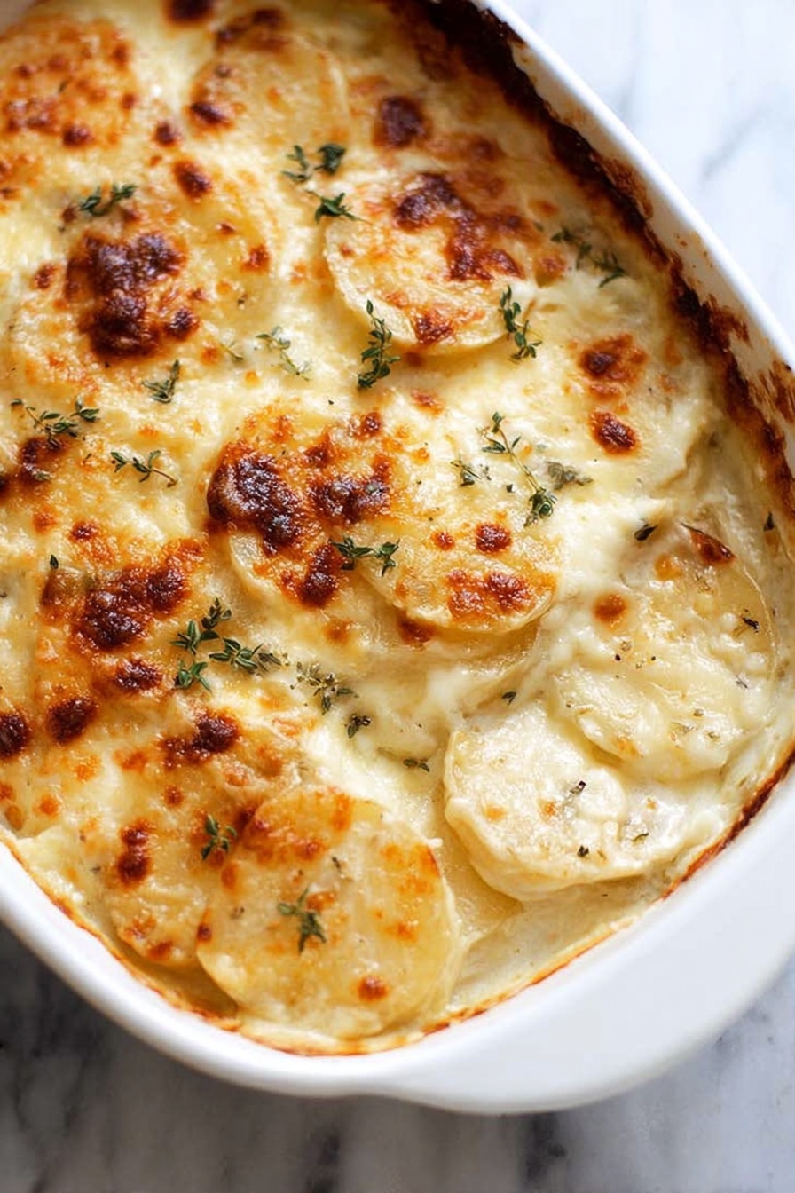 A white dish holds a creamy potato bake with multiple layers of thin, round potato slices, covered by a thick, bubbly cheese layer that has golden-brown spots on top. Small green herb leaves are scattered gently across the top, adding a touch of color to the rich, melted cheese. The potatoes underneath peek through slightly, showing their soft texture beneath the cheese crust. The dish is placed on a white marbled surface. photo taken with an iphone --ar 2:3 --v 7 - Creamy Potato Dauphinoise Bake, potato gratin, cheesy potato casserole, garlic potato bake, French potato side dish