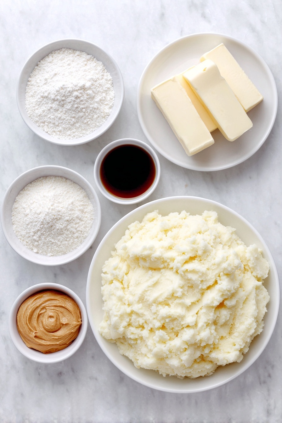 Flat lay of a small mound of plain mashed potatoes on a simple white ceramic plate, a few slices of salted butter stacked neatly on a white ceramic dish, a small white bowl filled with fine powdered sugar, another small white bowl containing creamy peanut butter, and a small white bowl with golden vanilla extract liquid, all arranged symmetrically and proportionally, placed on a clean white marble surface, soft natural light, photo taken with an iPhone, professional food photography style, fresh ingredients, white ceramic bowls, no bottles, no duplicates, no utensils, no packaging --ar 2:3 --v 7 --p m7354615311229779997 - Potato Candy Rolls with Peanut Butter, nostalgic candy recipes, no-bake potato candy, homemade peanut butter treats, old-fashioned candy ideas