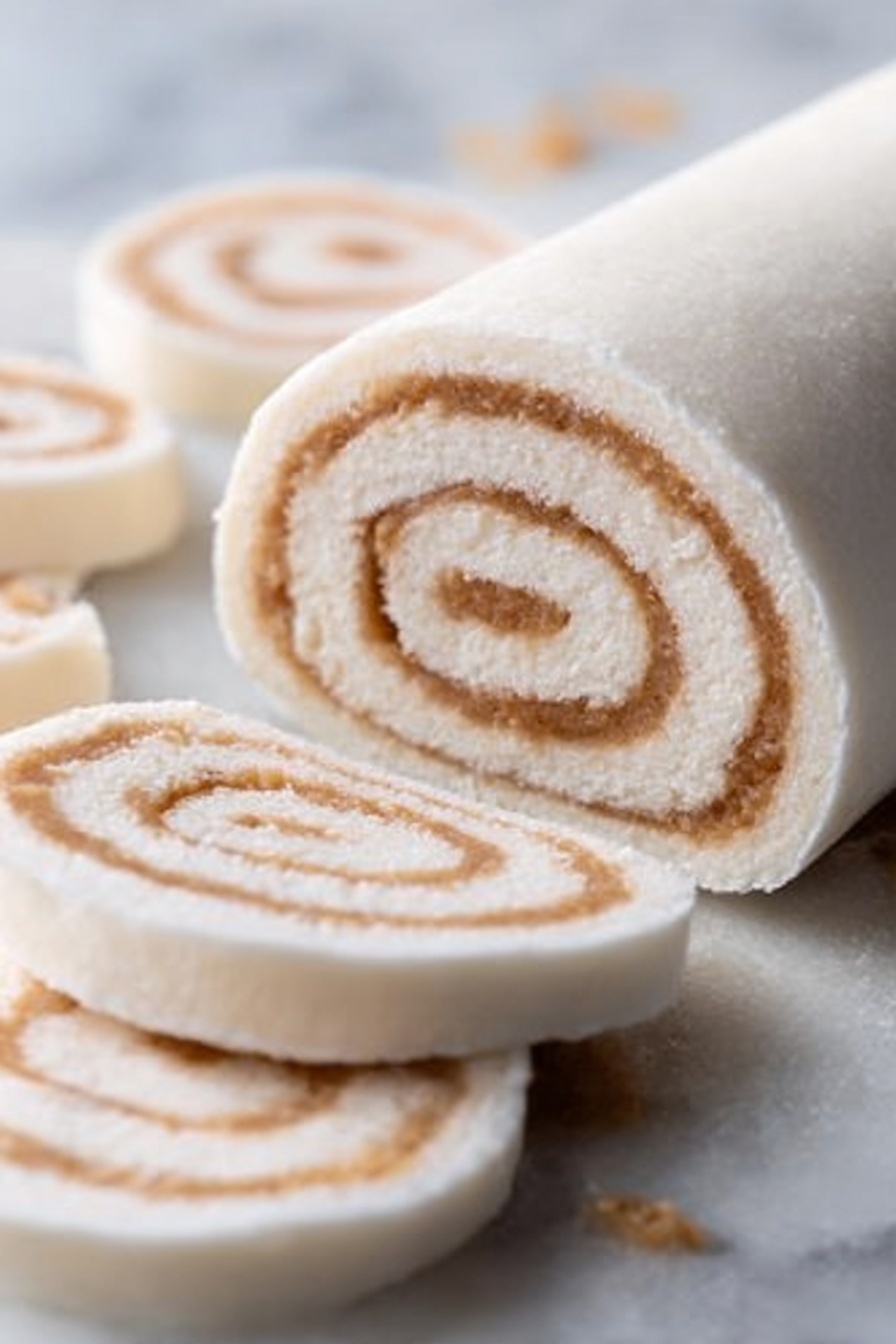The image shows a close-up view of a rolled white dessert or snack with a smooth, slightly shiny surface. It has several visible layers: the outer layer is a soft white dough or cream, and inside there is a light brown filling that is spread evenly in a spiral pattern from the center to the outside. The roll is resting on a white marbled surface, and there are slices of the roll surrounding the main piece, showing the same swirl layers clearly. The texture looks soft and smooth, with some small crumbs around the roll. The photo taken with an iphone --ar 2:3 --v 7 - Potato Candy Rolls with Peanut Butter, nostalgic candy recipes, no-bake potato candy, homemade peanut butter treats, old-fashioned candy ideas