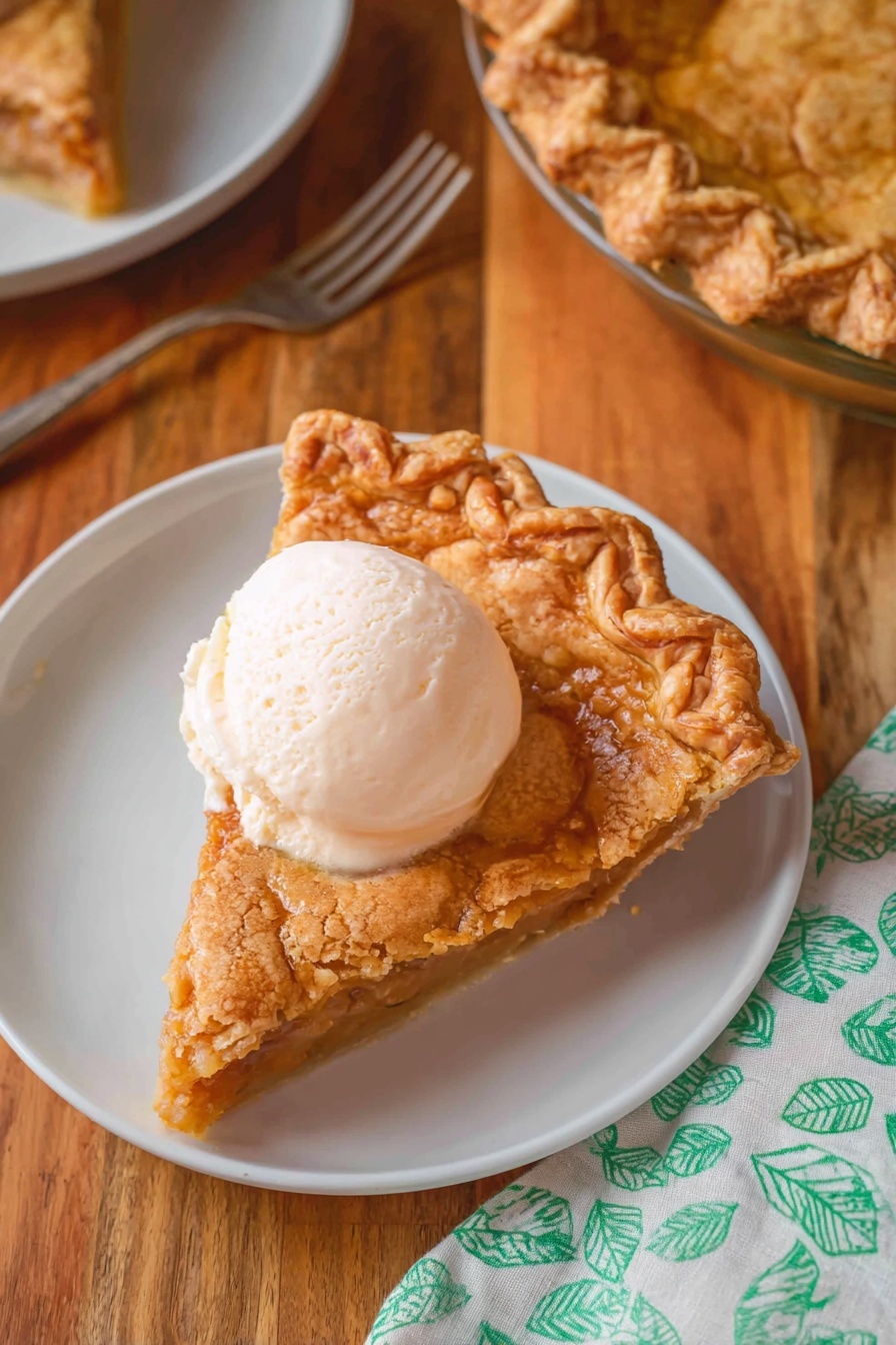 A slice of golden brown pie with a textured, bubbly top crust sits on a white plate. The crust edge is thick and crimped with a wavy pattern, showing a darker toasted color. On top of the pie slice, there is a smooth, creamy scoop of vanilla ice cream with a pale off-white color. Around the plate, the surface is a wooden tabletop with warm tones, and a metal fork lies nearby. Part of the whole pie with a similar bubbly crust and wavy edges is seen in a clear glass pie dish to the upper right. In the lower right corner is a fabric napkin with a green leaf pattern on white. photo taken with an iphone --ar 2:3 --v 7 - Pear Pie, Delicious Pear Pie, Fall Dessert Ideas, Easy Pear Pie Recipe, Cozy Fruit Pie