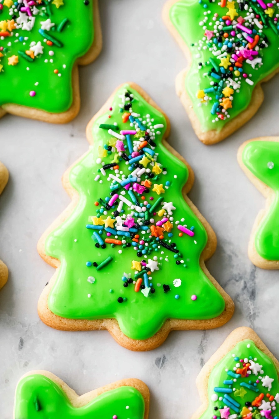 The image shows several Christmas tree-shaped sugar cookies placed on a white marbled surface. Each cookie has one layer of bright green smooth icing covering the entire tree shape, with the natural light brown cookie visible around the edges. On top of the green icing, there is a colorful mix of sprinkles including small green star shapes, thin green rods, and round sprinkles in blue, pink, yellow, red, white, orange, and black, scattered evenly. The sprinkles add texture and decorative detail to the shiny icing surface. photo taken with an iphone --ar 2:3 --v 7 - Perfect Cut-Out Sugar Cookies, festive sugar cookies, easy holiday cookie recipe, decorating sugar cookies, soft sturdy sugar cookies