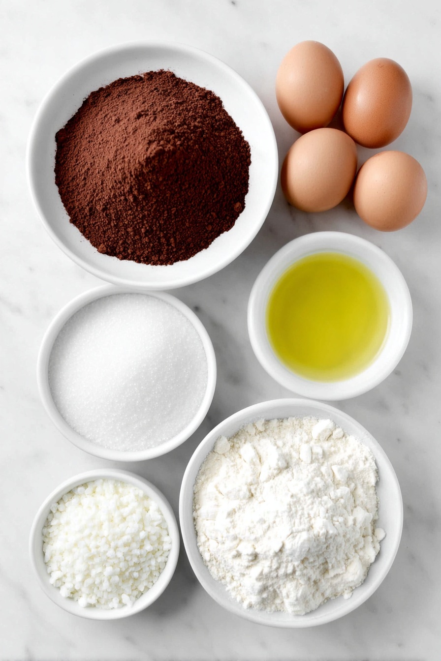 Flat lay of a small mound of rich unsweetened cocoa powder, a neatly heaped pile of granulated sugar, a small white ceramic bowl filled with clear golden vegetable oil, four large uncracked brown eggs arranged in a line, a small white ceramic bowl holding clear vanilla extract, a modest heap of all-purpose flour, a small pile of fine baking powder, a small pile of fine salt crystals, and a small white ceramic bowl filled with fluffy powdered sugar, all placed on a clean white marble surface, soft natural light, photo taken with an iPhone, professional food photography style, fresh ingredients, white ceramic bowls, no bottles, no duplicates, no utensils, no packaging --ar 2:3 --v 7 --p m7354615311229779997 - Chocolate Crinkle Cookies, fudgy chocolate cookies, soft crinkle cookies, easy chocolate cookies, crackled cookie recipe