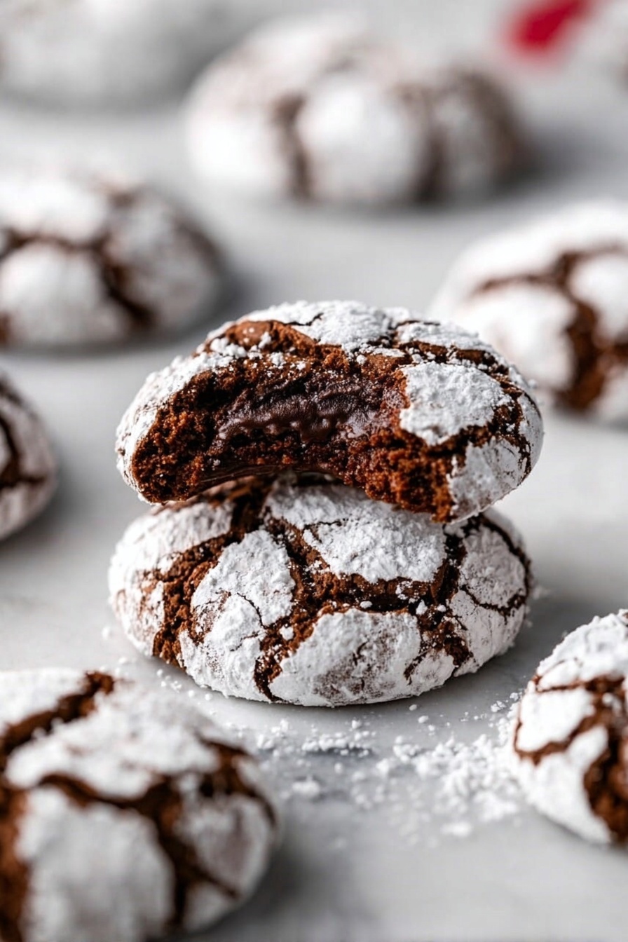 The image shows several round chocolate cookies covered in white powdered sugar cracks, placed on a white marbled surface. One cookie is stacked over another and has a bite taken out of it, revealing a soft, dark brown chocolate inside with a moist texture. The cookies around it are whole, with the powdered sugar forming irregular cracked patterns that contrast with the rich dark color of the chocolate dough. The background is blurred, focusing on the bitten cookie in the middle. Photo taken with an iphone --ar 2:3 --v 7 - Chocolate Crinkle Cookies, fudgy chocolate cookies, soft crinkle cookies, easy chocolate cookies, crackled cookie recipe