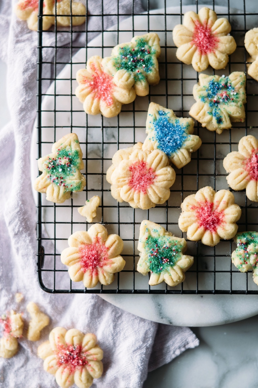 The image shows small, shortbread cookies in two shapes: flower-like rounds and Christmas trees, arranged on a round white marble board and a black wire cooling rack placed on a white marbled surface with a white cloth underneath. The cookies have a light beige color and are decorated with colored sugar sprinkles—red on the round flower-shaped cookies and blue or green on the Christmas tree-shaped cookies. The cookies appear slightly textured with small ridges from the mold, and they are scattered loosely on both the marble board and the wire rack, creating a casual but festive look. Photo taken with an iphone --ar 2:3 --v 7 - Buttery Spritz Cookies, best spritz cookies, easy spritz cookie recipe, holiday cookie ideas, melt-in-your-mouth cookies