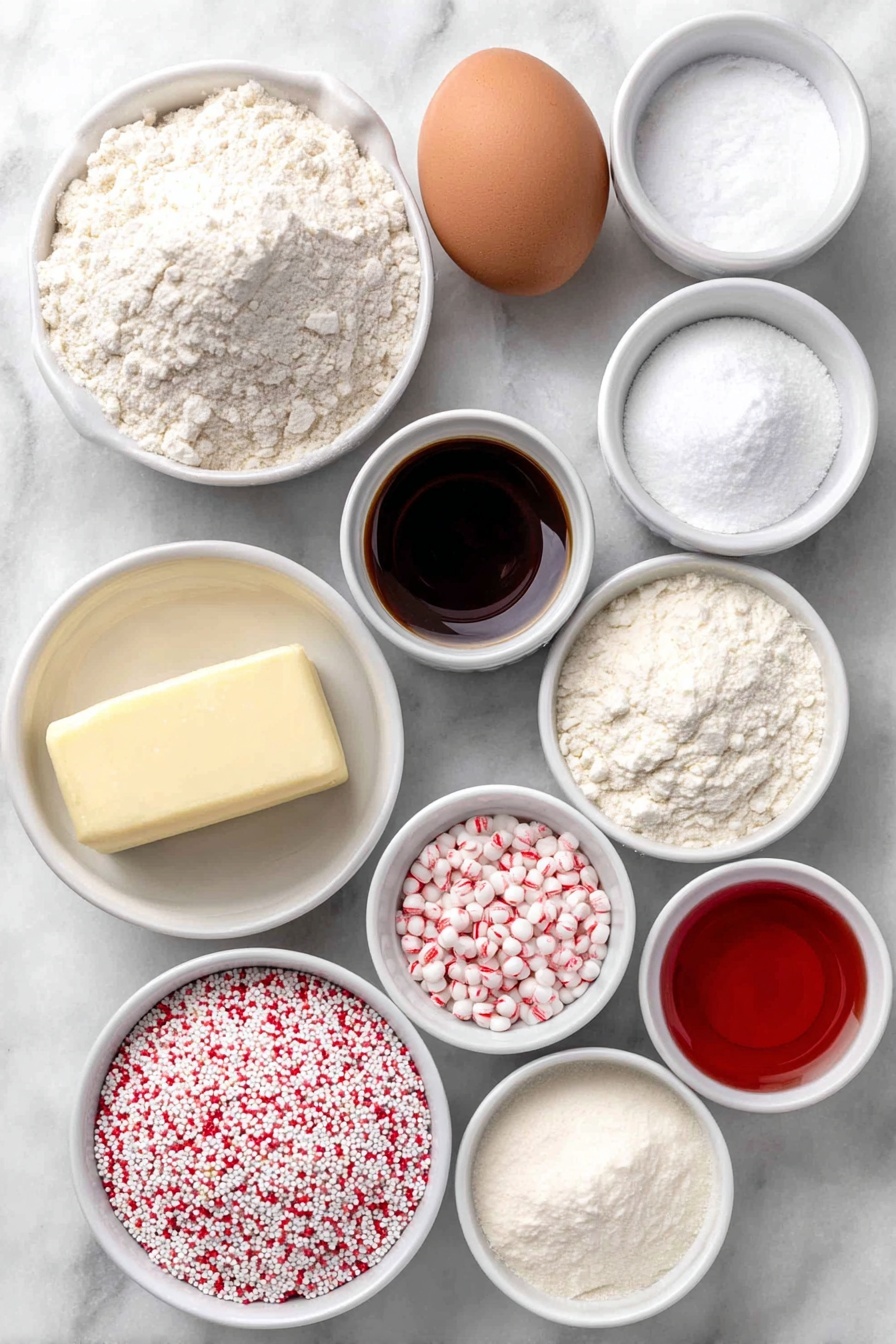 Flat lay of a small mound of all-purpose flour, a small mound of cornstarch, a small heap of baking soda powder, a small pile of baking powder, a small pinch of salt crystals, a smooth stick of unsalted butter, a small pile of granulated sugar, one whole brown egg with a clean shell, a small white bowl of vanilla extract, a small white bowl of peppermint extract, a small white bowl with vibrant red gel icing color, a small white bowl of assorted colorful sprinkles and crushed peppermint candy, all arranged symmetrically in simple white ceramic bowls and dishes, placed on a clean white marble surface, soft natural light, photo taken with an iPhone, professional food photography style, fresh ingredients, white ceramic bowls, no bottles, no duplicates, no utensils, no packaging --ar 2:3 --v 7 --p m7354615311229779997 - Candy Cane Cookies, festive holiday cookies, peppermint sugar cookies, Christmas treats, easy holiday baking