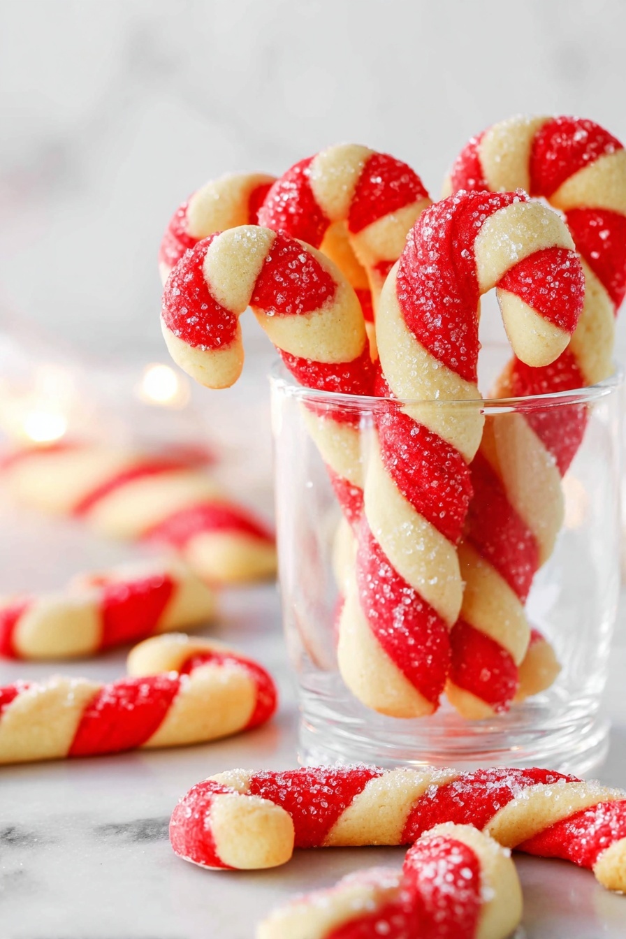 The image shows several candy cane shaped cookies made from two twisted colors, bright red and pale cream, creating bold stripes all along each cookie. Some of the cookies are placed standing up inside a clear glass, while others lay scattered on a white marbled surface around the glass. Each cookie is sprinkled lightly with coarse white sugar crystals that add a bit of sparkle, and the smooth texture of the dough contrasts with the rough sugar on top. The background is softly blurred but mostly white, accentuating the vivid red and cream colors of the cookies. The photo taken with an iphone --ar 2:3 --v 7 - Candy Cane Cookies, festive holiday cookies, peppermint sugar cookies, Christmas treats, easy holiday baking