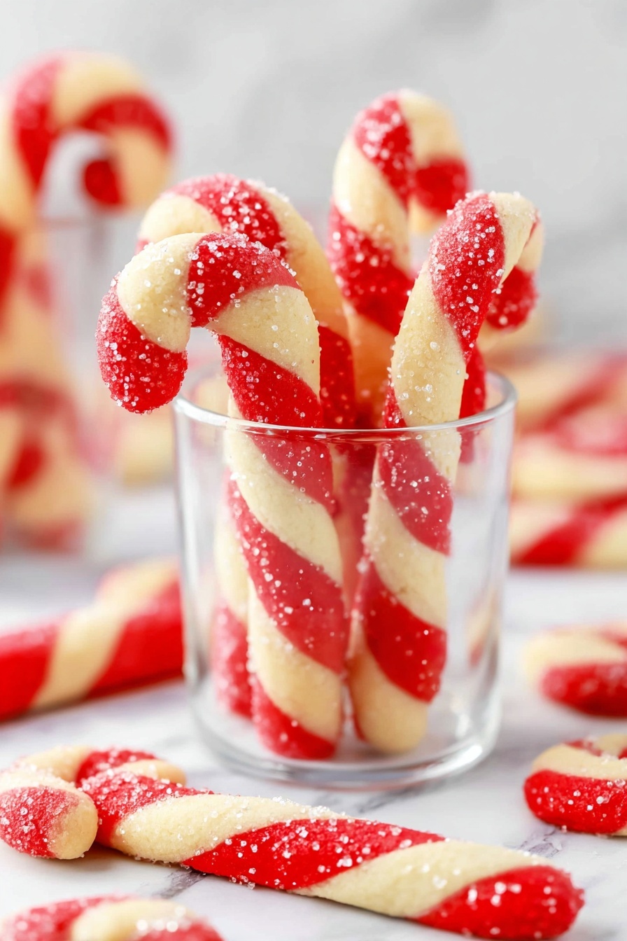 The image shows several candy cane-shaped cookies in a clear glass on a white marbled surface. Each candy cane has two twisted layers, one red and one cream-colored, with some cookies sprinkled with small sugar crystals on the red sections. Additional candy cane cookies are lying on the surface around the glass, with the same twisted two-layer pattern of red and cream colors. The photo is bright and clear with a soft background showing more candy cane cookies slightly out of focus. Photo taken with an iphone --ar 2:3 --v 7 - Candy Cane Cookies, festive holiday cookies, peppermint sugar cookies, Christmas treats, easy holiday baking