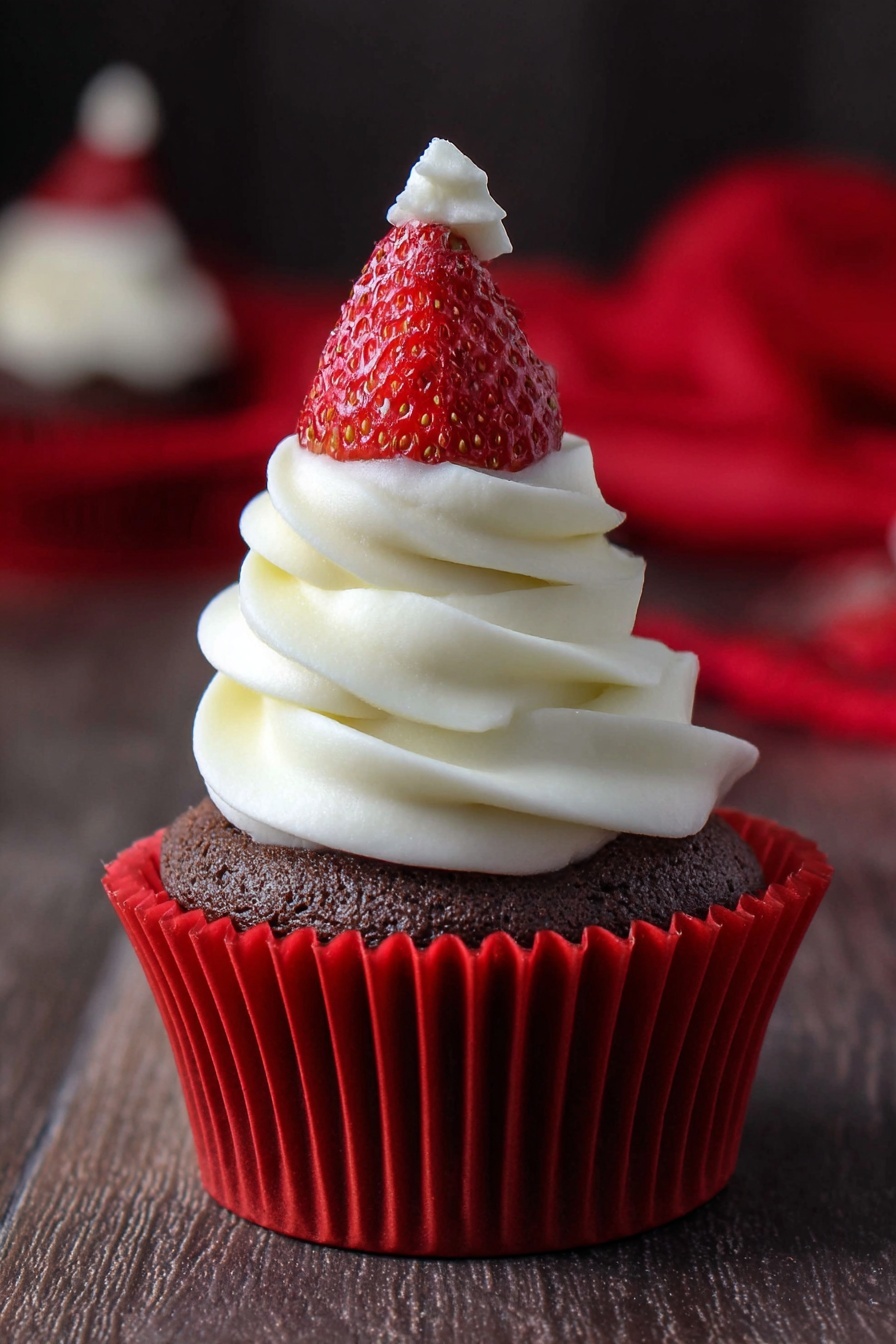A chocolate cupcake sits in a bright red cupcake liner on a dark wooden surface. On top of the cupcake is a thick swirl of smooth white cream frosting rising in soft peaks. Centered above the frosting is a whole fresh strawberry, bright red with visible seeds and a small white cream dollop on its tip. In the blurred background, a red cloth adds a splash of color while the surface maintains a neutral tone. photo taken with an iphone --ar 2:3 --v 7 - Strawberry Santa Hat Cupcakes, Christmas cupcakes, holiday dessert recipes, festive cupcake ideas, easy holiday baking