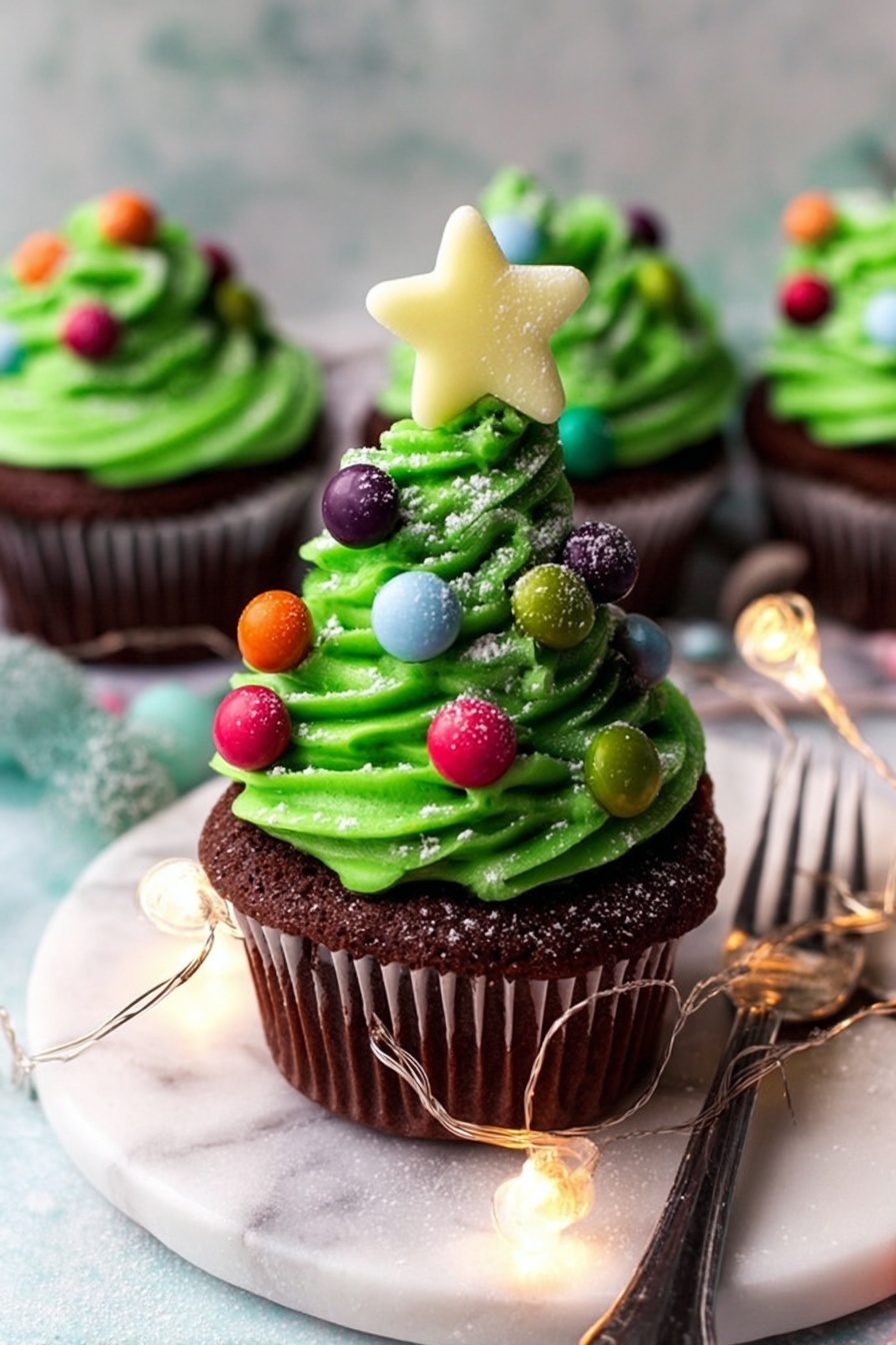 A white cupcake liner holds a dark brown cupcake topped with a swirl of bright green frosting shaped like a Christmas tree. The green frosting is decorated with colorful round candy pieces in red, purple, orange, blue, and white, resembling ornaments. A pale yellow star-shaped candy sits on the top of the frosting tree. Some white powder dusts the frosting and cupcake surface lightly. The cupcake is placed on a white marbled round plate, with a silver fork resting near the cupcake liner's edge. Small colorful candy balls and small string lights add festive colors around the plate. photo taken with an iphone --ar 2:3 --v 7 - Christmas Tree Cupcakes with Chocolate & Vanilla Frosting, festive Christmas cupcakes, holiday dessert recipes, easy Christmas cupcake ideas, decorated Christmas cupcakes