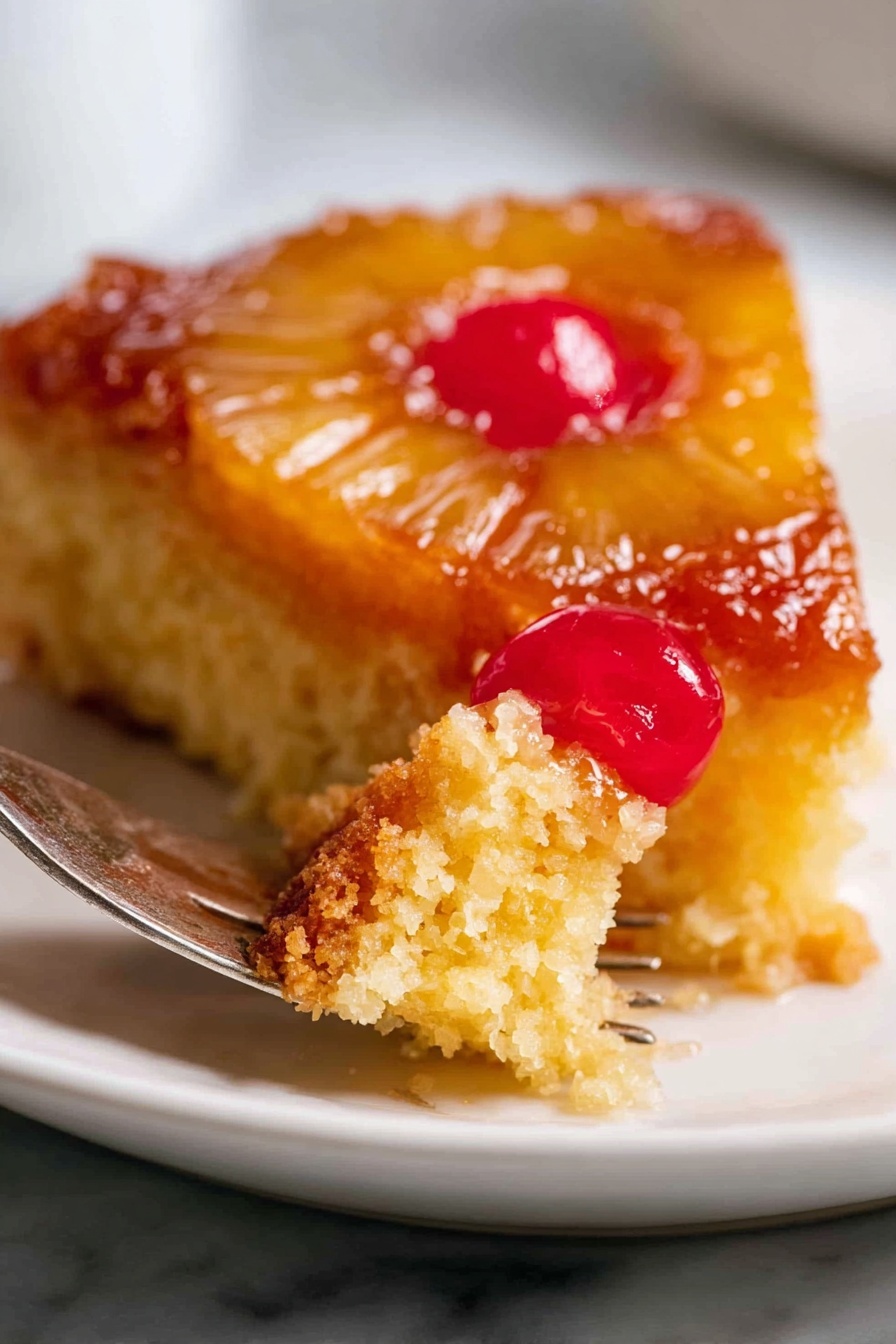 A close-up of a pineapple upside-down cake slice resting on a white plate with a white marbled background. The cake has two layers: the bottom layer is a moist yellow cake with a soft, crumbly texture, and the top layer is a caramelized golden brown pineapple ring with a bright red cherry in the middle. Part of the slice is lifted by a silver fork showing the moist inside texture, and the surface of the cake glistens with a shiny glaze. Photo taken with an iphone --ar 2:3 --v 7 - Pineapple Upside Down Cake, pineapple upside down cake recipe, retro pineapple cake, caramelized pineapple cake, moist pineapple cake