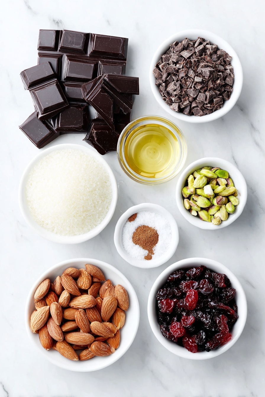 Flat lay of finely chopped dark chocolate pieces, finely chopped semi-sweet chocolate chunks, small white ceramic bowls with ground cinnamon, peppermint extract, and crushed candy canes, a handful of roasted almonds, shelled unsalted pistachios, dried cherries, dried cranberries, and toffee bits, all arranged symmetrically and naturally on a clean white marble surface, soft natural light, photo taken with an iPhone, professional food photography style, fresh ingredients, white ceramic bowls, no bottles, no duplicates, no utensils, no packaging --ar 2:3 --v 7 --p m7354615311229779997 - Easy Chocolate Bark, Chocolate Bark with Nuts and Fruit, Nut and Fruit Chocolate Bark, Quick Chocolate Bark, Homemade Chocolate Treats