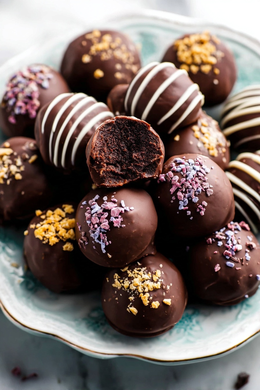 A white plate filled with several dark brown chocolate truffles, smooth and round in shape. Some truffles have a drizzle of thin, white chocolate lines on the top, while others are decorated with small, colorful sprinkles in yellow, purple, and pink, or crumbly dark brown bits. One truffle in the center has a bite showing a dense and moist dark inside. The plate sits on a white marbled surface, which adds a clean and bright contrast to the rich chocolates. photo taken with an iphone --ar 2:3 --v 7 - Easy Oreo Truffles, Oreo Truffles, no-bake Oreo dessert, chocolate truffles, simple cookie treats