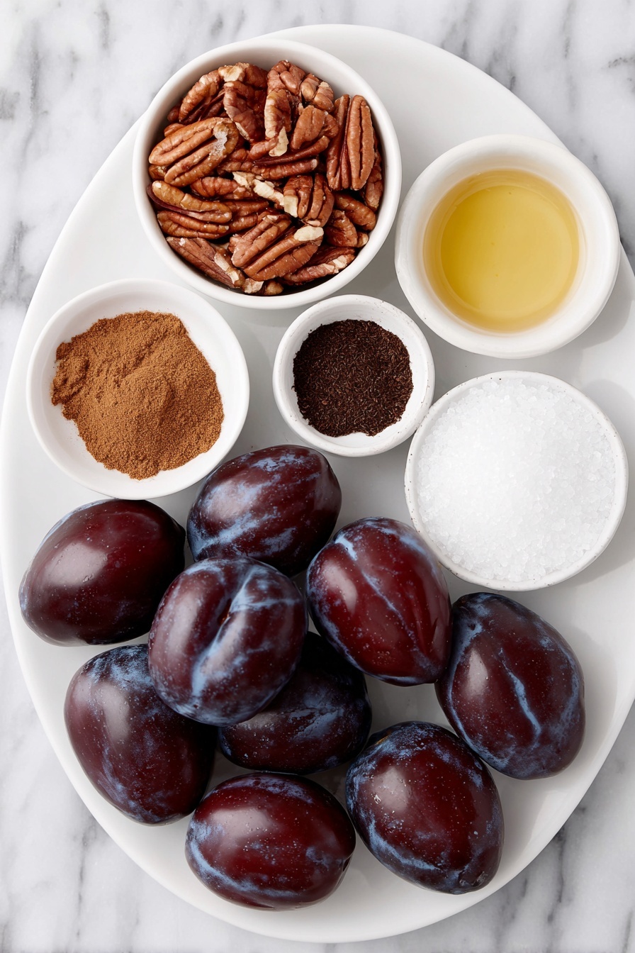 Flat lay of fresh whole French plums with deep reddish-purple skin, a small pile of toasted pecan halves, a small white bowl of warm brown ground cinnamon powder, a small white bowl of finely cut dried orange peel pieces, a small white bowl of dark brown ground clove powder, a small white bowl with a splash of pure vanilla extract, a small white bowl of fine white table salt, a small white bowl filled with coarse raw sugar crystals all arranged symmetrically on a simple white ceramic plate and dishes placed on a clean white marble surface, soft natural light, photo taken with an iPhone, professional food photography style, fresh ingredients, white ceramic bowls, no bottles, no duplicates, no utensils, no packaging --ar 2:3 --v 7 --p m7354615311229779997 - Homemade Sugar Plums with Spices, festive holiday treats, easy holiday snacks, spiced dried fruit snacks, Christmas sugar plum candies