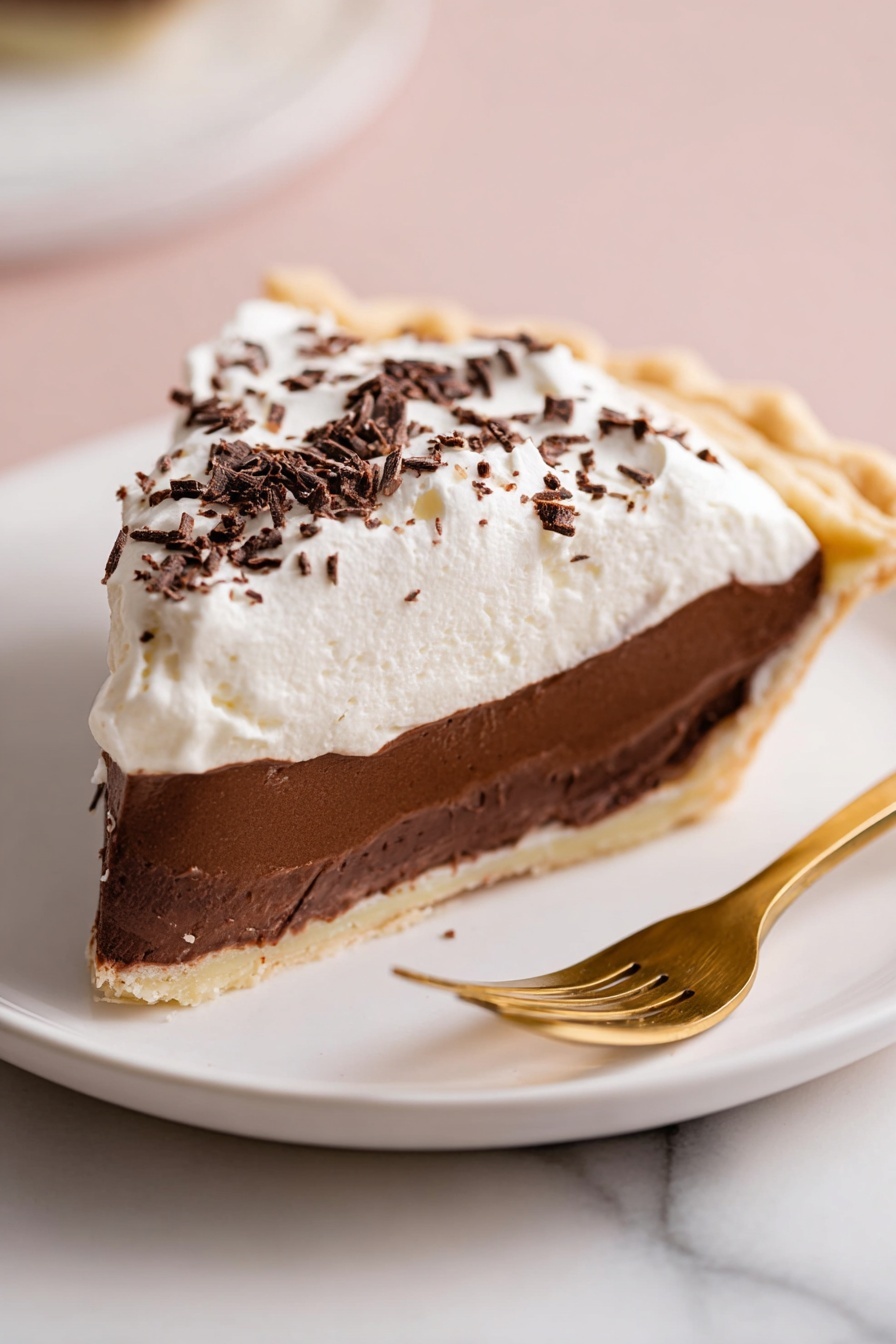 A single slice of pie with three visible layers sits on a white plate. The bottom layer is a light tan and crumbly crust. The middle layer is a thick, smooth, dark brown chocolate filling. The top layer is a puffy, white whipped cream, sprinkled with small, rough, dark chocolate shavings. A gold fork lies on the plate beside the pie slice. The whole scene is set on a pale pink surface with a white marbled texture visible beneath. Photo taken with an iphone --ar 2:3 --v 7 - Decadent Chocolate Cream Pie, chocolate cream pie recipe, homemade chocolate pie, rich chocolate dessert, easy chocolate pie