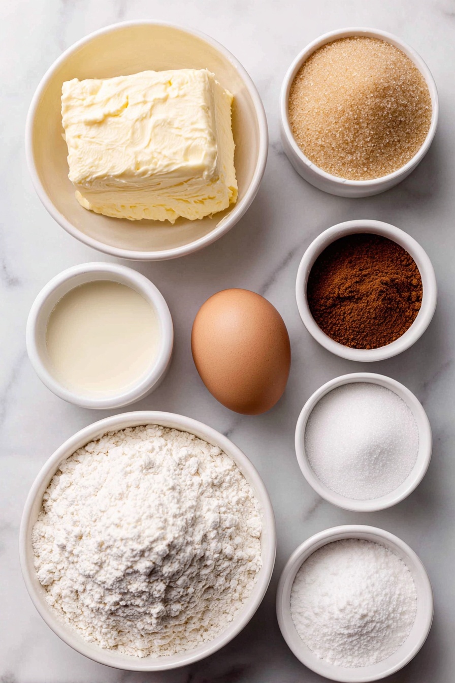 Flat lay of a small white ceramic bowl of soft unsalted butter, a small white ceramic bowl filled with granulated sugar, a small white ceramic bowl containing light brown sugar, one large whole egg with a clean shell, a small white ceramic bowl of pale creamy eggnog, a small white ceramic bowl of cake flour, a small white ceramic bowl of powdered sugar, a small white ceramic bowl holding ground cinnamon, a small white ceramic bowl with ground nutmeg, a small white ceramic bowl of baking powder, a small white ceramic bowl of baking soda, a small white ceramic bowl of table salt, and a small white ceramic bowl of clear vanilla extract placed with perfect symmetry on a clean white marble surface, soft natural light, photo taken with an iPhone, professional food photography style, fresh ingredients, white ceramic bowls, no bottles, no duplicates, no utensils, no packaging --ar 2:3 --v 7 --p m7354615311229779997 - Eggnog Cookies with Cinnamon and Nutmeg, festive holiday cookies, Christmas eggnog cookie recipe, soft tender holiday cookies, easy eggnog cookie recipe