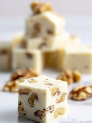 The image shows several small, square pieces of white fudge with visible brown walnut pieces inside. The fudge has a smooth, creamy texture with the walnuts unevenly spread throughout each piece. One piece of fudge is in focus in the foreground, sitting on a white marbled surface, while more fudge squares are stacked and scattered softly in the blurred background. The overall look is clean and simple, highlighting the contrast between the creamy white fudge and the textured walnuts. photo taken with an iphone --ar 2:3 --v 7 - Maple Walnut White Chocolate Fudge, white chocolate walnut fudge, easy fudge recipes, homemade holiday fudge, creamy nutty fudge
