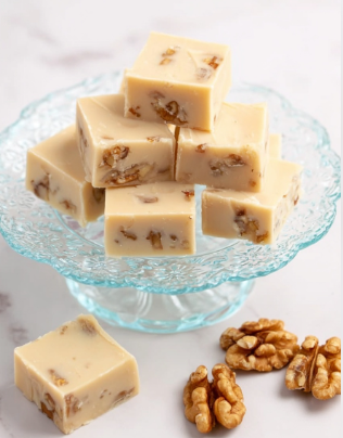 Several square pieces of light beige fudge with small brown nut bits inside are stacked neatly on a white scalloped glass plate with floral patterns. The fudge squares have a smooth and creamy texture, with some pieces resting flat and others leaned against each other. To the right of the plate, a few whole walnut halves are scattered on a white marbled surface. The scene is simple and bright with soft lighting. photo taken with an iphone --ar 2:3 --v 7 - Maple Walnut White Chocolate Fudge, white chocolate walnut fudge, easy fudge recipes, homemade holiday fudge, creamy nutty fudge