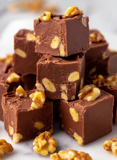 A pile of rich brown fudge squares with chunks of light brown walnuts mixed inside each piece, showing a smooth and slightly cracked texture on the surface. Some walnut pieces are also scattered on and around the fudge, giving a nutty and crunchy look. The fudge pieces are stacked and arranged closely on a white marbled surface. Photo taken with an iphone --ar 2:3 --v 7 - Chocolate Walnut Fudge, easy chocolate fudge recipe, nutty chocolate dessert, homemade fudge with walnuts, quick holiday fudge