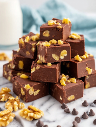 The image shows a pile of chocolate fudge squares stacked unevenly on a white marbled surface. Each square is thick with a smooth, rich dark brown texture, filled and topped with pieces of light yellowish-brown walnuts. Scattered around the bottom are extra walnut pieces and small dark chocolate chips, adding texture and color contrast to the scene. The background is softly blurred, with a white and light blue cloth in the back and a glass of milk partially visible. The overall look is inviting and homemade, focusing on the chunky, nut-filled fudge. photo taken with an iphone --ar 2:3 --v 7 - Chocolate Walnut Fudge, easy chocolate fudge recipe, nutty chocolate dessert, homemade fudge with walnuts, quick holiday fudge