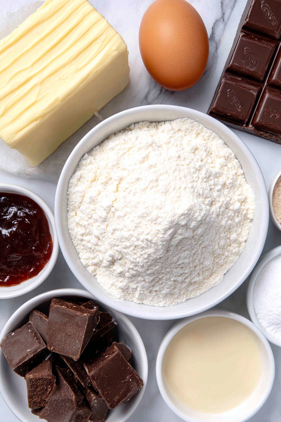 Flat lay of a small slab of unsalted butter, a wedge of full fat cream cheese, a neat pile of granulated sugar, one large brown egg with a clean shell, a small white bowl of vanilla extract, a mound of all-purpose flour, a small white bowl filled with dark cocoa powder, a small white bowl of cornstarch, a pinch of fine salt as tiny crystals, a small white bowl of baking powder, a heap of powdered sugar, a small white bowl of heavy whipping cream, a small white bowl of coarse sanding sugar, halved bright orange conversation heart candies, round flat black sprinkles, round flat pink sprinkles, all arranged symmetrically on a simple white ceramic plate and small white ceramic bowls, placed on a clean white marble surface, soft natural light, photo taken with an iPhone, professional food photography style, fresh ingredients, white ceramic bowls, no bottles, no duplicates, no utensils, no packaging --ar 2:3 --v 7 --p m7354615311229779997 - Chocolate Penguin Cookies, cute chocolate cookies, festive holiday treats, soft chocolate cookies recipe, easy decorated cookies