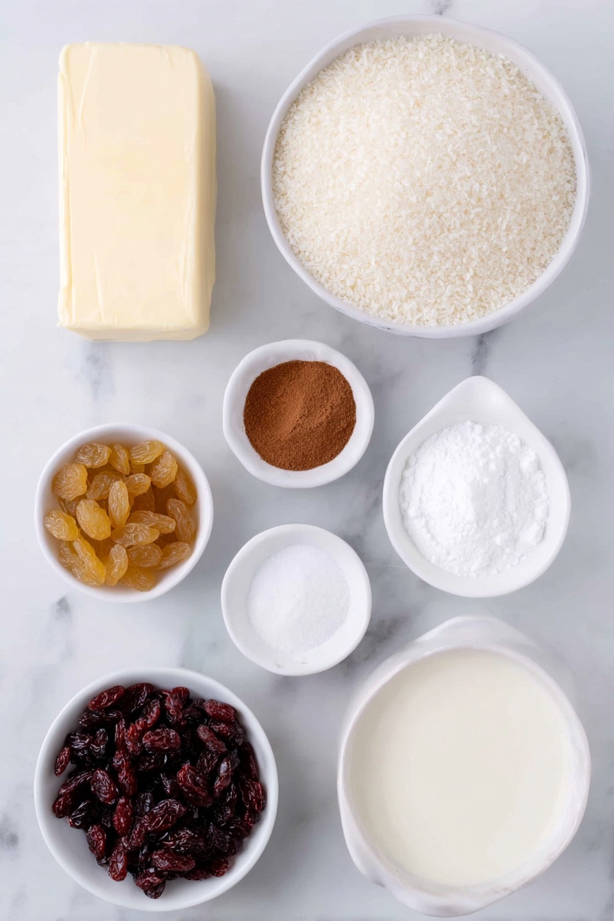 Flat lay of unsalted butter pat, a small white ceramic bowl of whole milk, a small white ceramic bowl of white sugar, a small white ceramic bowl of vanilla extract, a small white ceramic bowl of uncooked medium grain white rice, a small white ceramic bowl of golden sultanas, a small white ceramic bowl of ground cinnamon, a small white ceramic bowl of thickened cream, placed on a clean white marble surface, soft natural light, photo taken with an iPhone, professional food photography style, fresh ingredients, white ceramic bowls, no bottles, no duplicates, no utensils, no packaging --ar 2:3 --v 7 --p m7354615311229779997 - Creamy Cinnamon Rice Pudding, easy rice pudding with cinnamon, comforting dessert recipes, homemade rice pudding, cinnamon dessert ideas