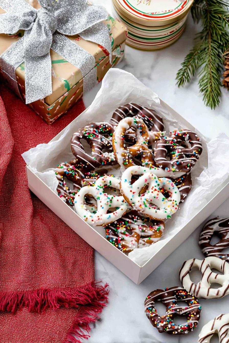 The image shows a white plate filled with pretzels covered in smooth white and milk chocolate, arranged in a casual pile. Some pretzels are fully coated in white chocolate with red, green, and white round sprinkles, while others are dipped in milk chocolate with rainbow nonpareil sprinkles. There are also pretzels coated in white chocolate with dark chocolate stripes and some fully coated in milk chocolate with thin drizzled stripes on top. The plate sits on a white marbled surface with a red cloth partially visible. A small white bowl filled with colorful round sprinkles is placed near the top left corner of the image. photo taken with an iphone --ar 2:3 --v 7 - Easy Chocolate Covered Pretzels, chocolate pretzel appetizer, salty sweet snacks, homemade chocolate pretzels, quick pretzel treats