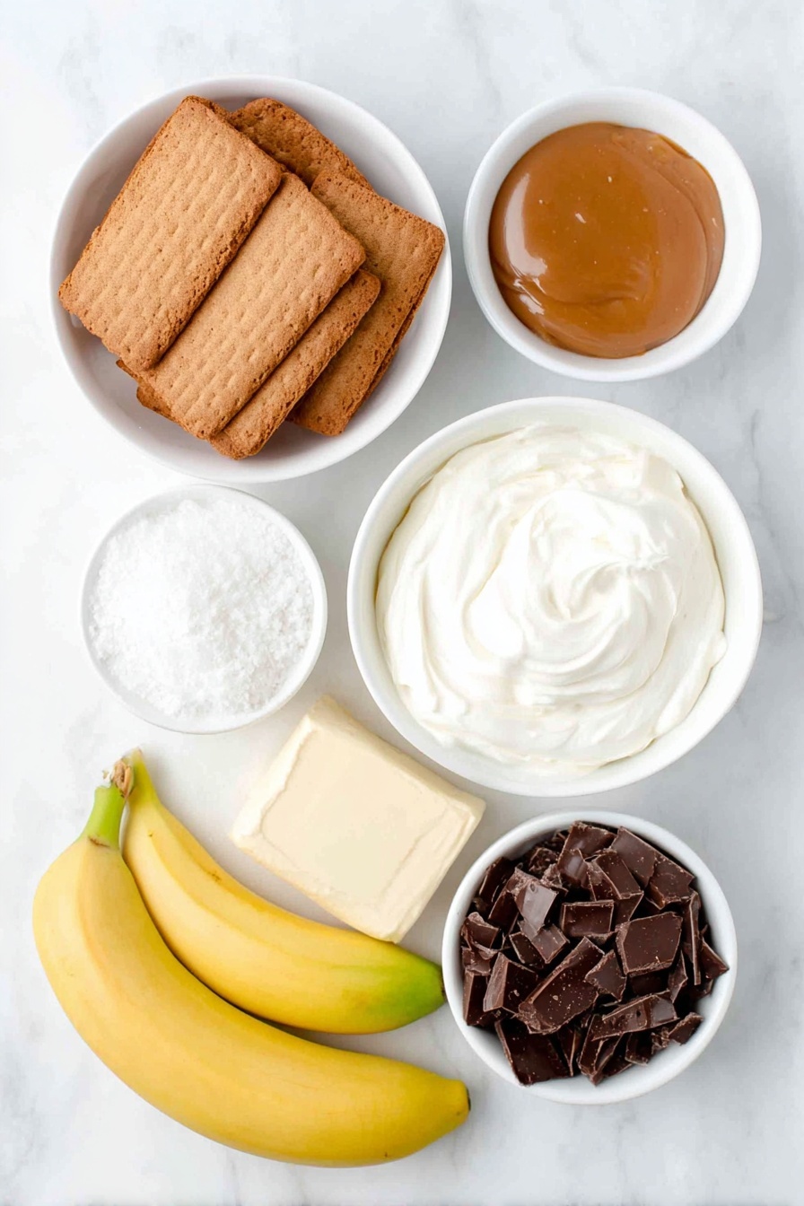 Flat lay of a small white ceramic bowl filled with golden brown whole digestive biscuits, a small white ceramic bowl with melted unsalted butter shining softly, a small white ceramic bowl holding thick golden caramel sauce, two whole ripe bananas with smooth yellow skin beside a few banana slices neatly arranged, a small white ceramic bowl filled with thick double cream, a small white ceramic bowl containing fine white icing sugar, a small white ceramic bowl showcasing delicate dark chocolate curls, all ingredients fresh and natural, perfectly balanced and symmetrical, placed on a clean white marble surface, soft natural light, photo taken with an iPhone, professional food photography style, fresh ingredients, white ceramic bowls, no bottles, no duplicates, no utensils, no packaging --ar 2:3 --v 7 --p m7354615311229779997 - Easy No-Bake Banoffee Pie, no-bake banana dessert, simple banana pie, quick banoffee pie, effortless dessert recipes